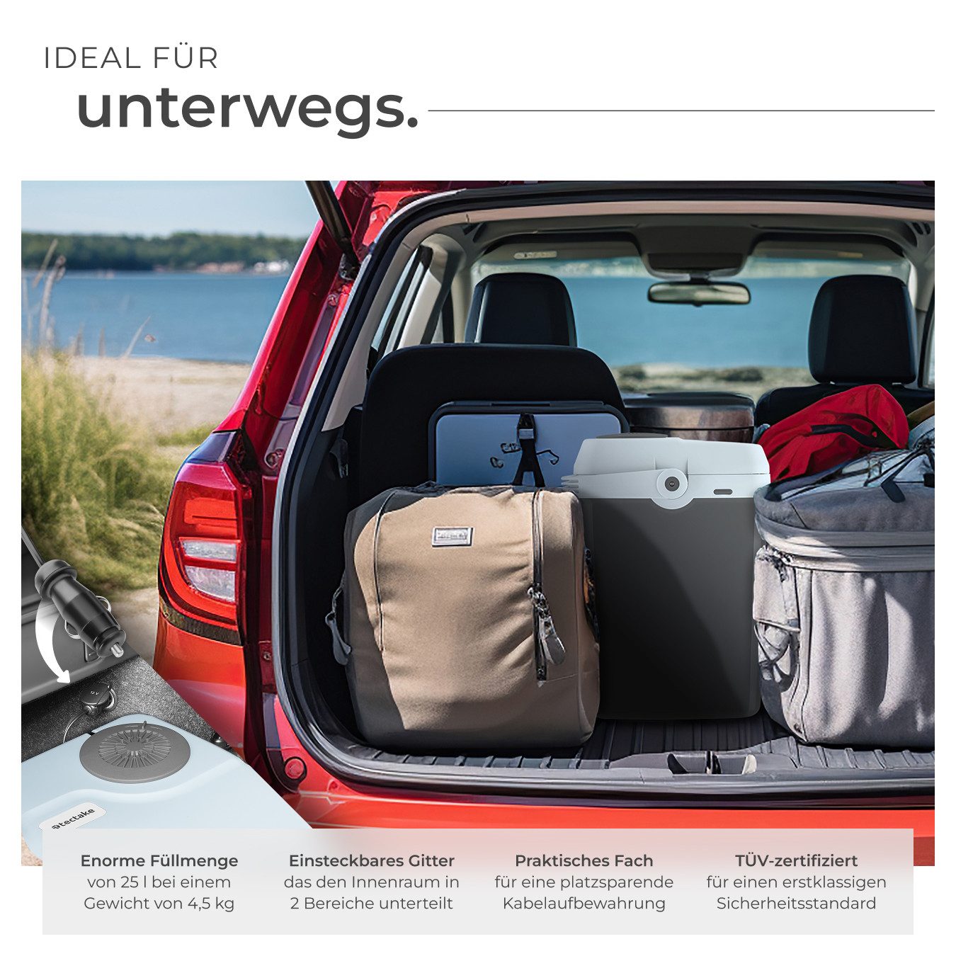 tectake Kühlschrank Kühlschrank, 45,00 cm hoch, 44,00 cm breit, AC- und DC-Kabel, mit Kabelfach, Steckdosen- und Autoanschluss