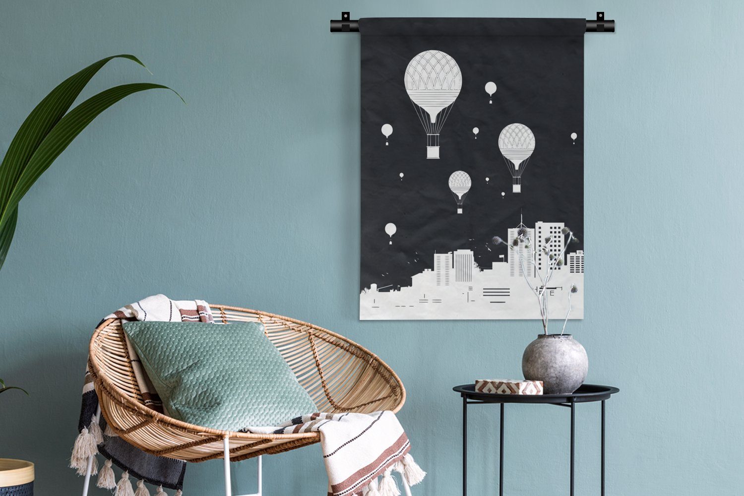 Deko Schlafzimmer an Wanddekoobjekt Tapisserie, Stadt für Schwarz - - - der Heißluftballons Weiß, Wand, MuchoWow Wohnzimmer,