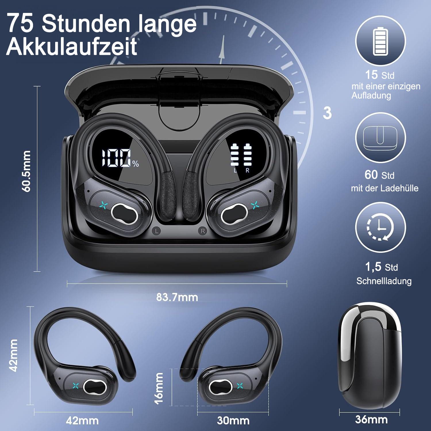 Futicare Sportkopfhörer Bluetooth 5.4 mit Ohrbügel,ENC-Mikrofon und 75 Std.Akku In-Ear-Kopfhörer (kabelloses Headset mit Dual-LED, IPX7 für Laufen, Fitness & Alltag, physische Tastensteuerung gegen versehentliche Berührungen)