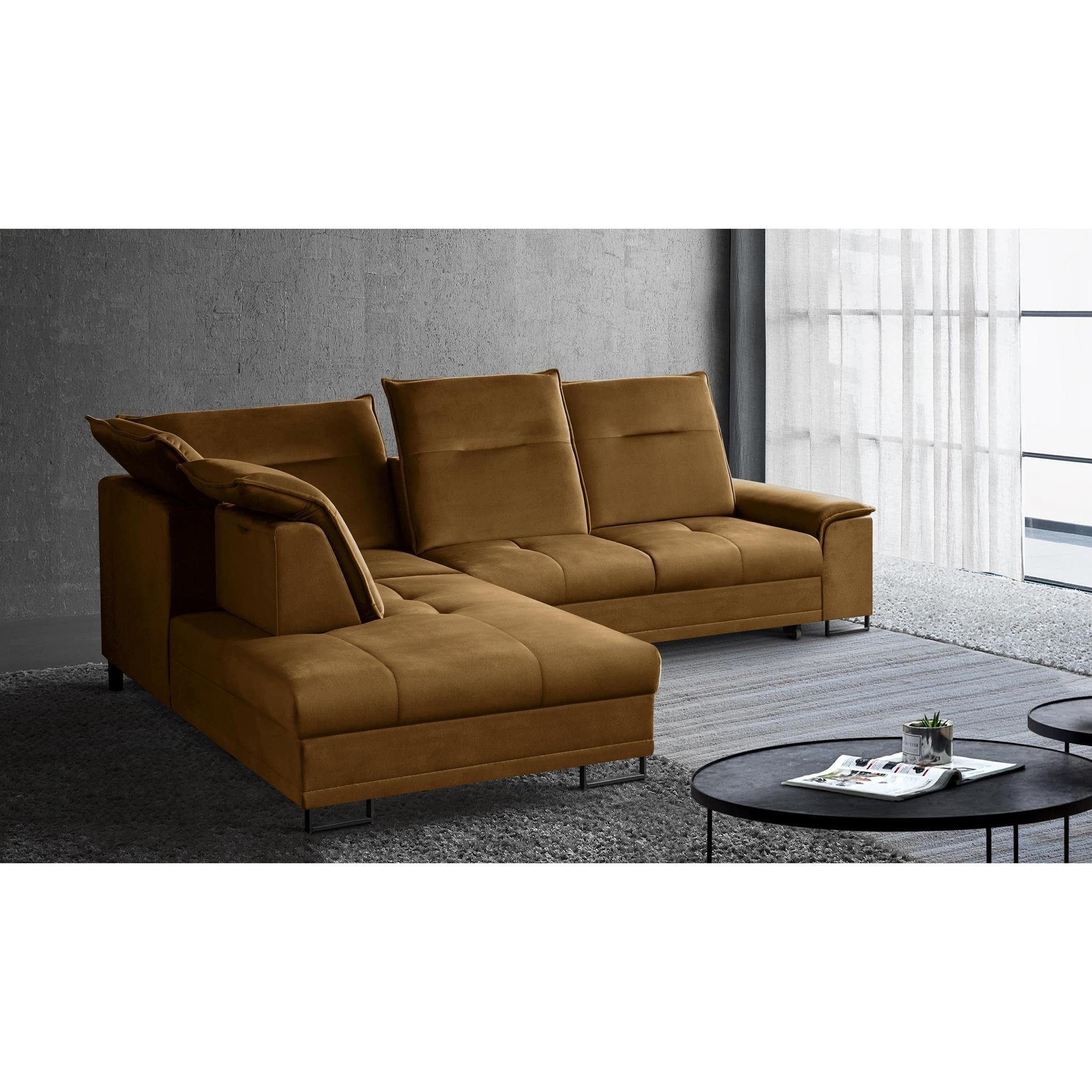 Beautysofa Ecksofa Bruno L, moderne Polsterecke aus Velours, Schlaffunktion, Bettkasten, verstellbaren Kopfstützen, verschiebbare Rückenlehne, stilvoll Corner Sofa für Wohnzimmer Gelb (element 08)