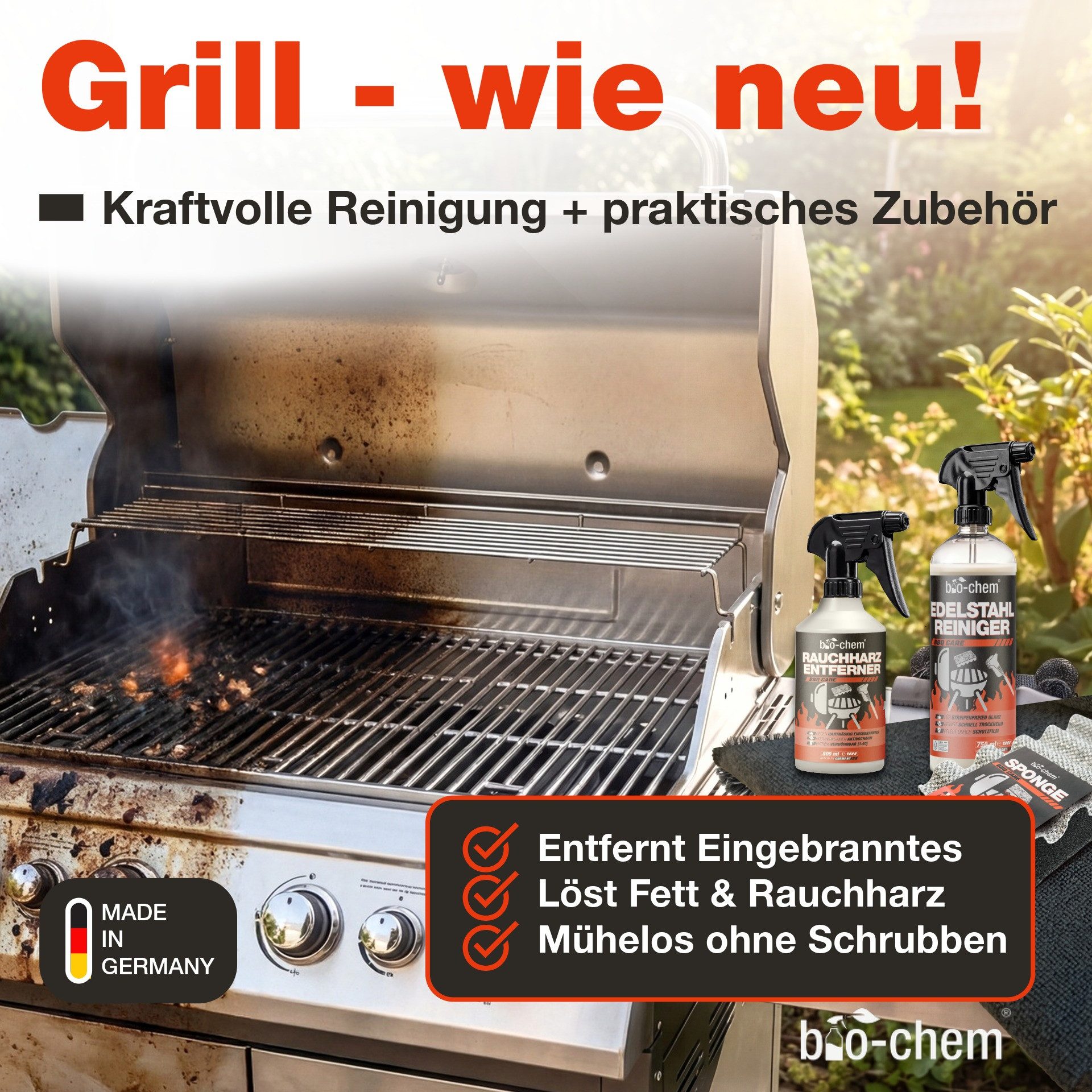 bio-chem Grillreiniger Set 4-teilig – Profi-Reinigung & Edelstahlreiniger Grillreiniger (Sparpaket, [- Rauchharz-Entferner, Edelstahl-Reiniger, Schwamm, Tuch 4-teiliges Set mit Reinigern & Zubehör)