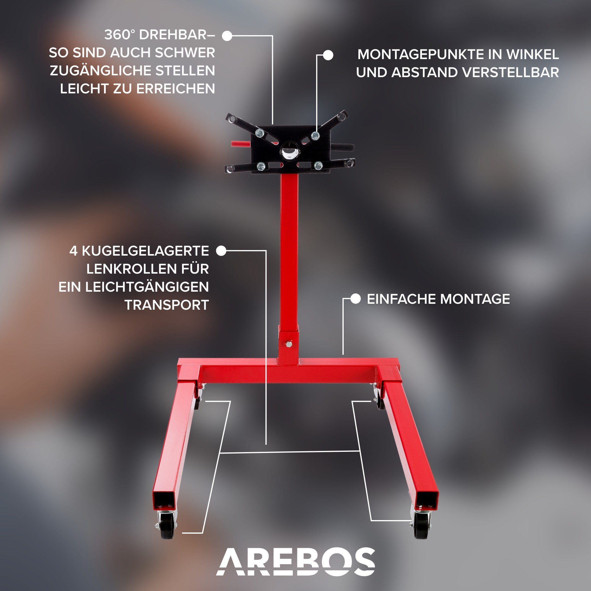 Arebos Werkstattkran Motorträger Motorhalter Getriebehalter Montageständer, Maximale Ladekapazität: 570 kg Maße B x L x H: 880 x 970 x 915 mm, Breite Stangen: 6 cm