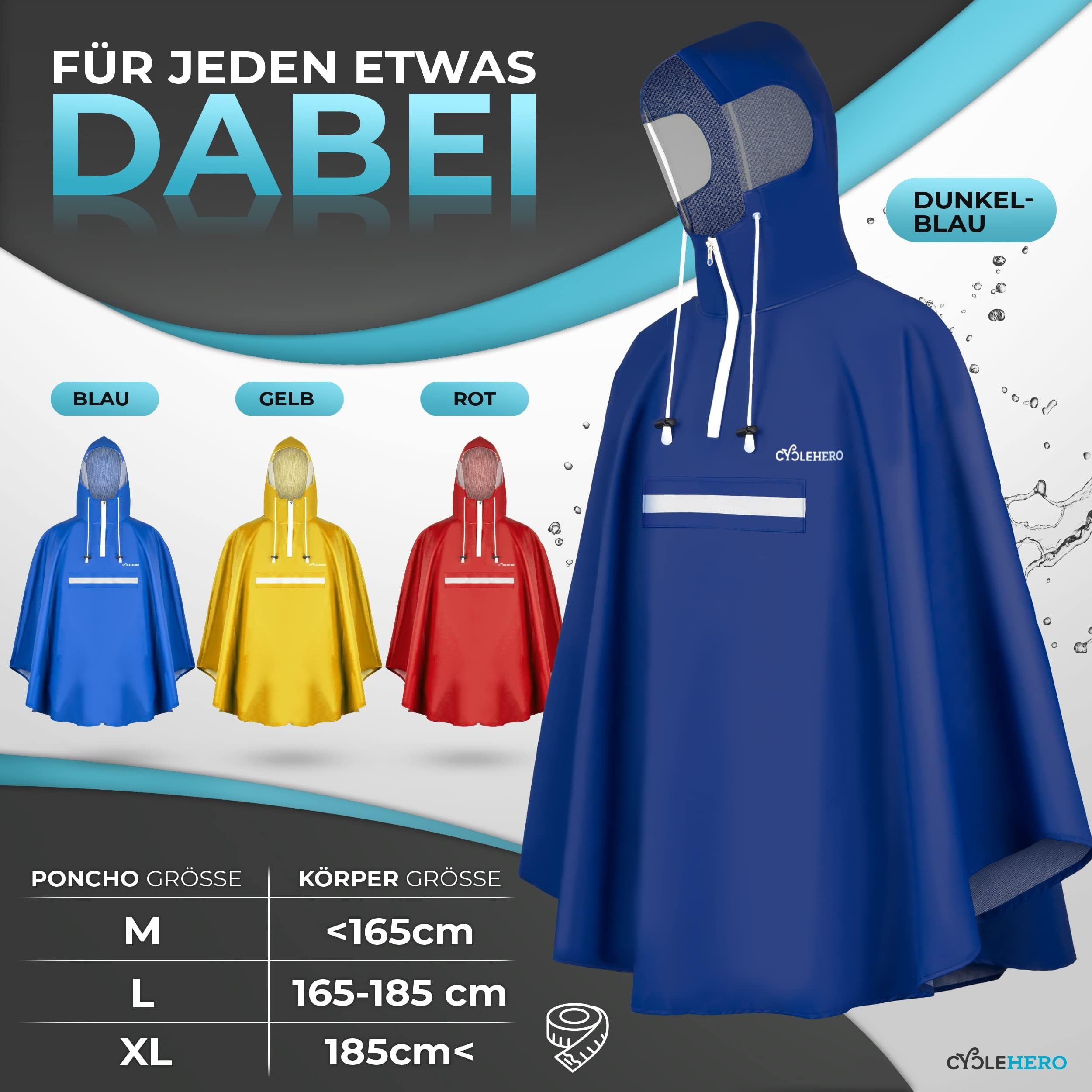 CYCLEHERO Regenponcho Fahrrad wasserdicht - Regencape Fahrrad mit Reflektoren & Sichtfenster (Fahrrad Regenbekleidung als Regenponcho Damen wasserdicht, Regenponcho Herren) - Regenschutz Fahrrad