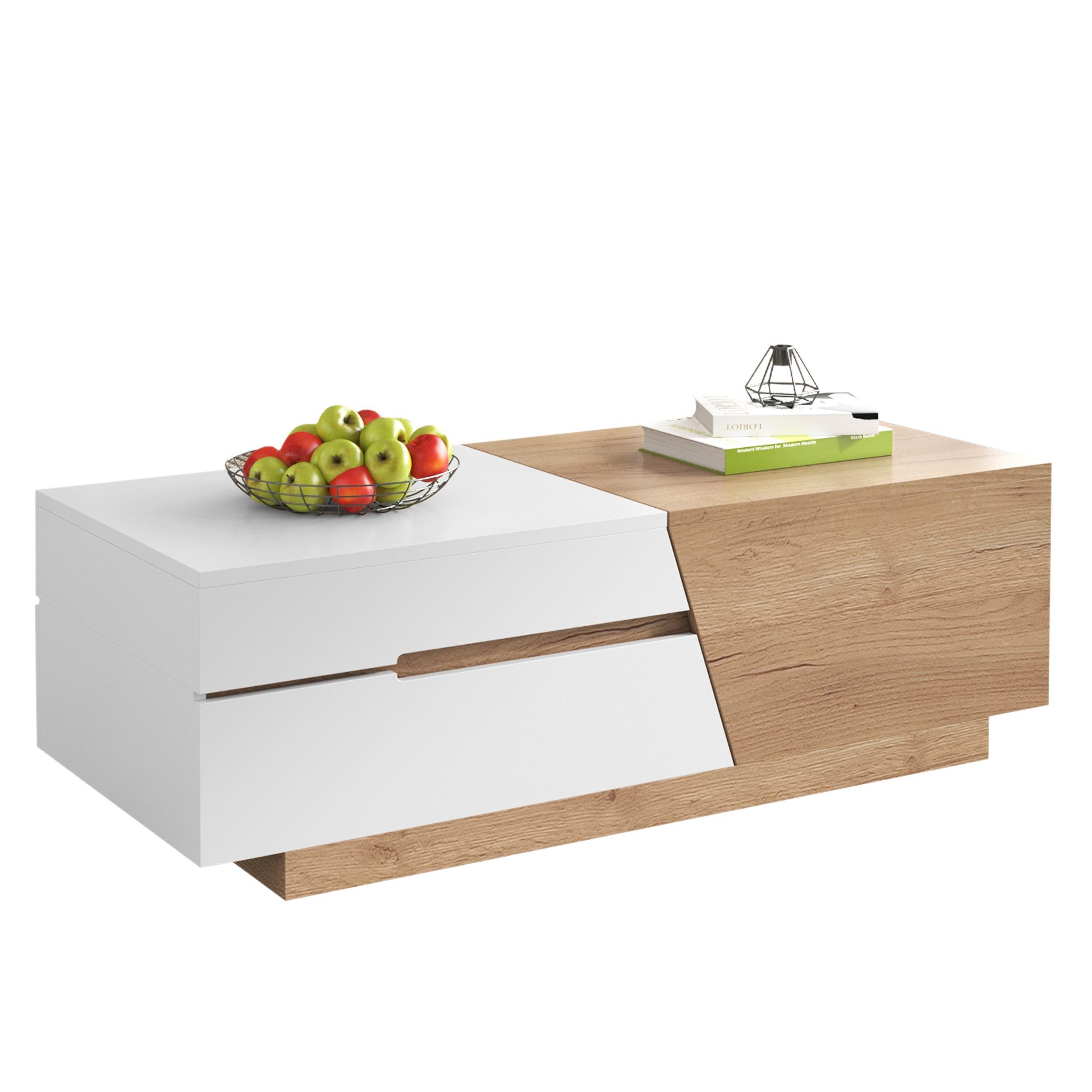 Sweiko Couchtisch Ausziehbarer Couchtisch, (Wohnzimmertisch mit Schubladen, 1-St., Beistelltisch mit Farbblockstruktur und verstecken Stauraum)