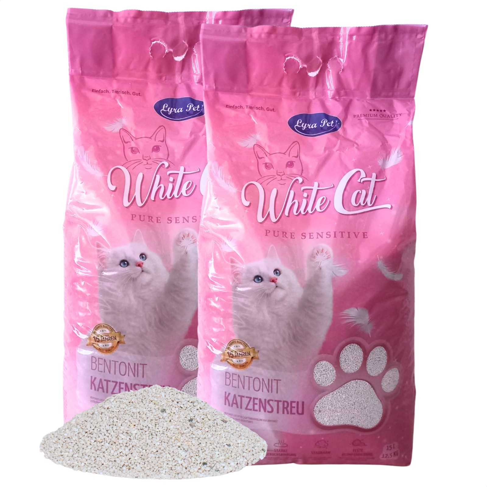 Lyra Pet Katzenstreu 2 x 15 Liter Lyra Pet® White Cat® Pure Sensitive Katzenstreu Bentonit, klumpend, staubfrei, staubarm