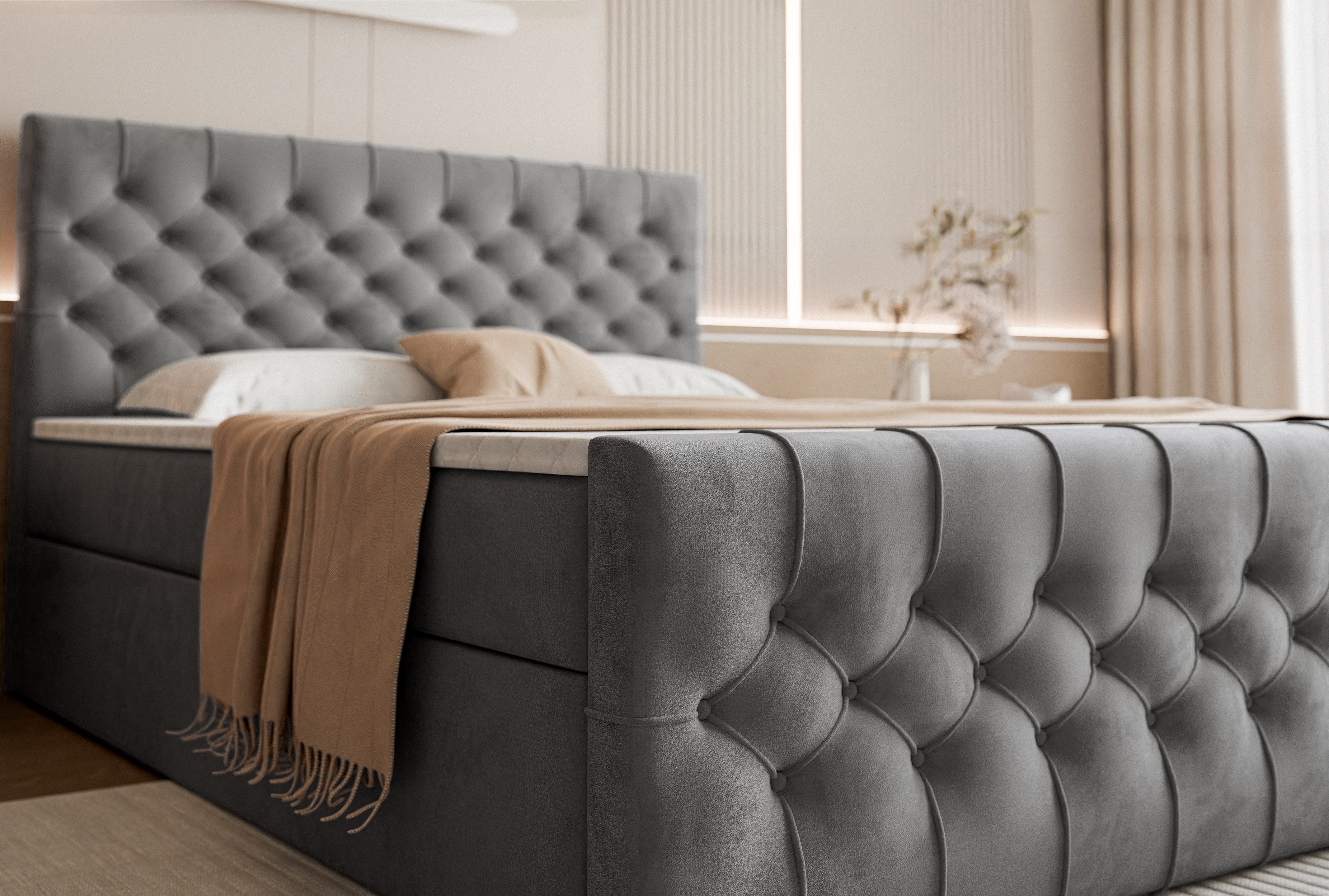 Goldstoff Boxspringbett TAURIEL mit Federkernmatratze & Topper, zwei Bettkästen (von 120 bis 200x200 cm), modernes Doppelbett aus Velvet Stoff mit edlem Kopftei – Bild 4 von 5