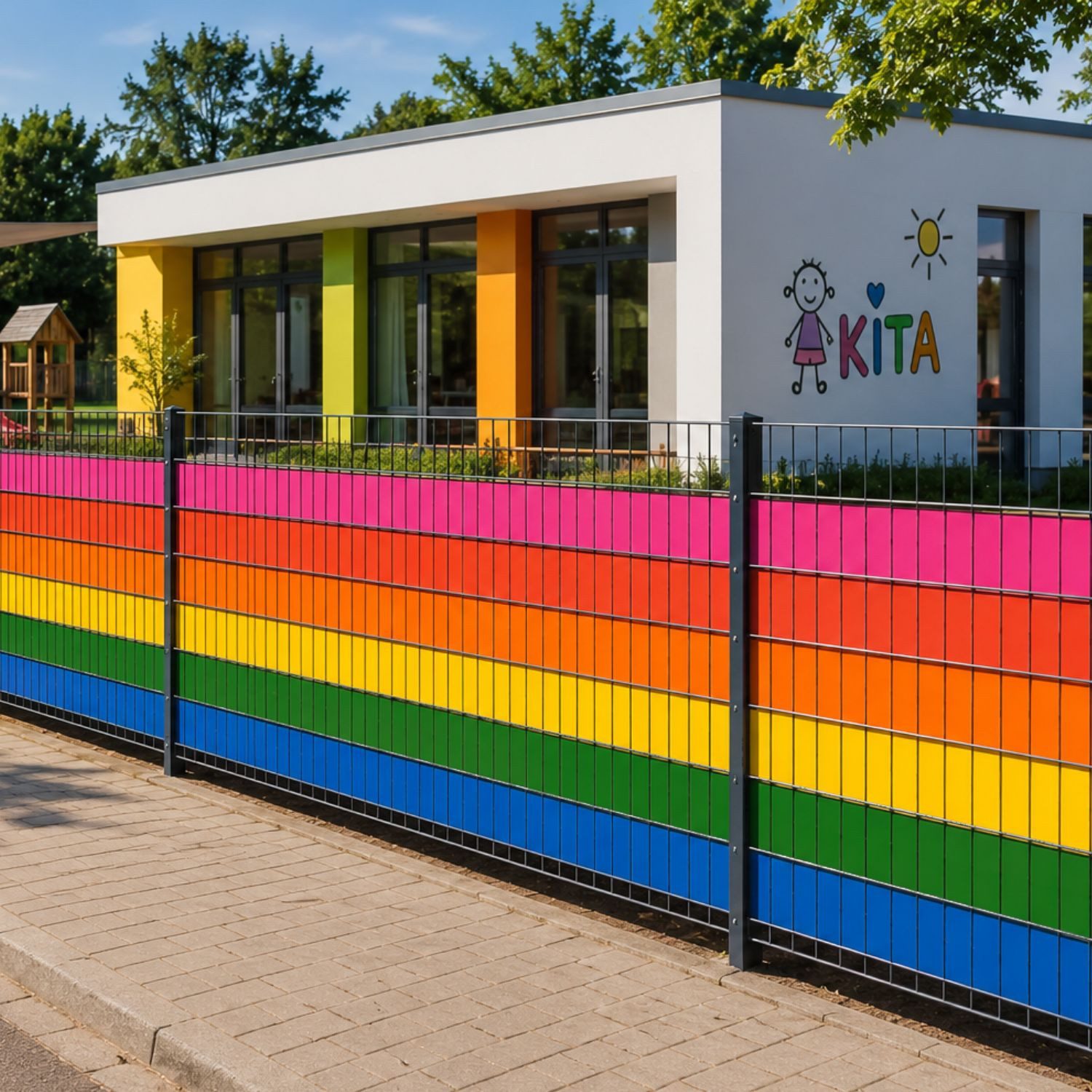 zaunzu Sichtschutzstreifen PREMIUM Kita-Set Regenbogen, (6 Streifen, Sichtschutzstreifen mit genarbter Oberfläche) – Bild 2 von 5