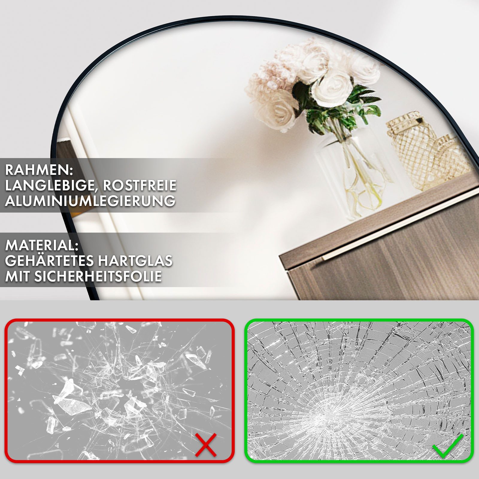 Floordirekt Ganzkörperspiegel Madison mit Bruchsicherem Glas, Freistehend oder Wandmontage (mit Aluminiumrahmen), Anti-Glassplitter-Sicherheitsfolie, mit Standf – Bild 5 von 5