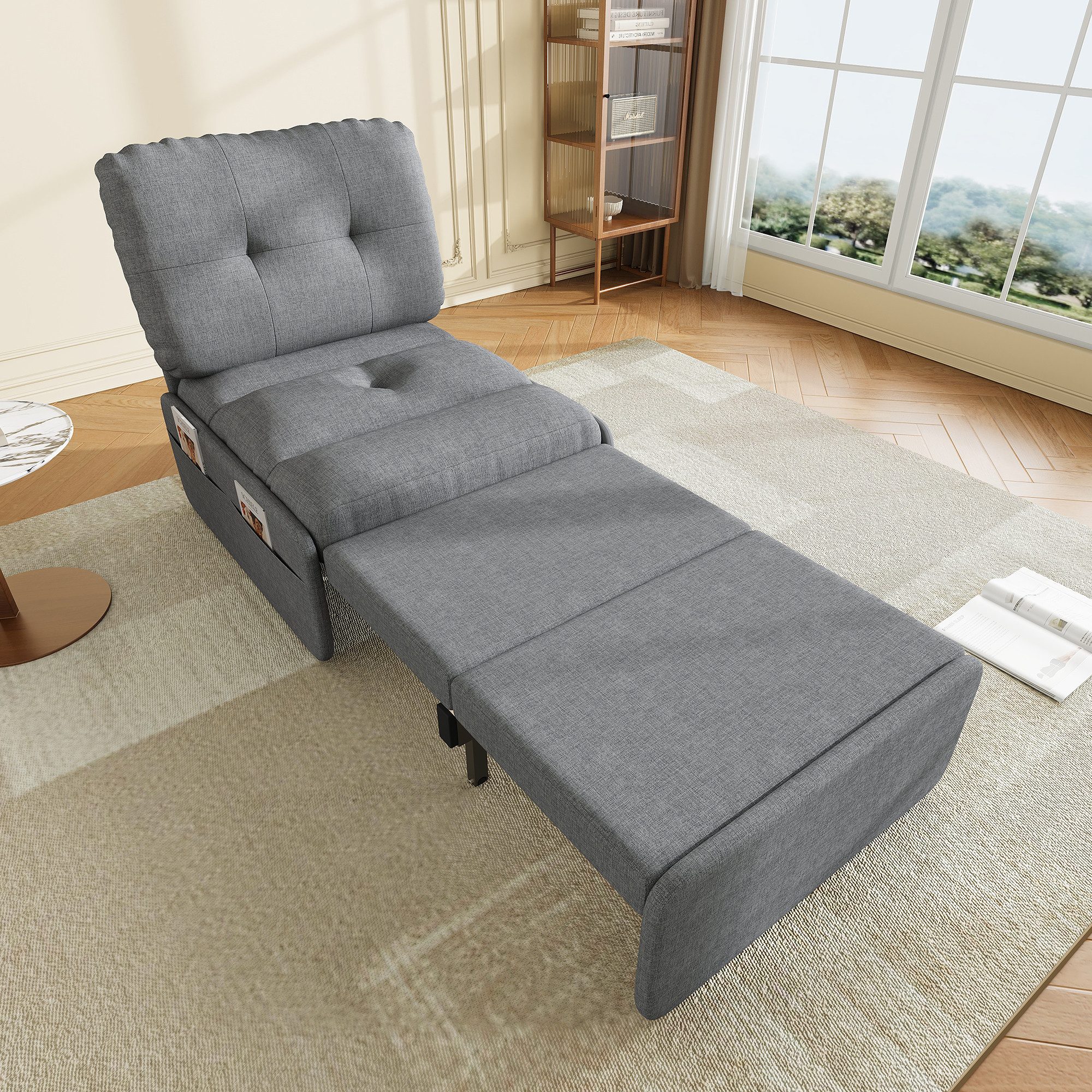 OKWISH Schlafsofa 2-in-1 Multifunktions-Schlafsofa 195x81,5cm in Leinenoptik, Einzelsessel & bequemer Liegestuhl für kleine Wohnungen 1 Teile, mit Schlaffunktion, Unsichtbares Ausziehsofa mit 165x80cm Schlaffläche