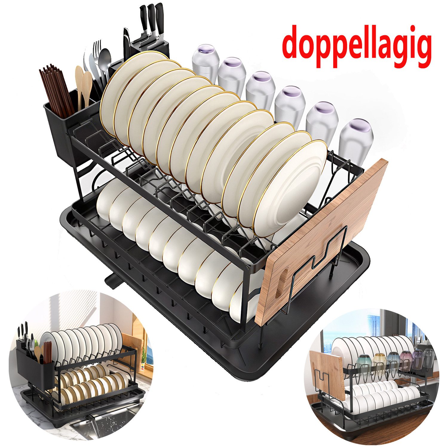 oyajia Geschirrständer 2-Stufiges Abtropfgestell Geschirr, Geschirrabtropfgestell Küche, Zubehör für mit Tassenhalter,Utensilienhalter und Drainageplatt-360°Abfluss, Multifunktionales Platzsparender Abtropfgestell, 42x30x30 cm