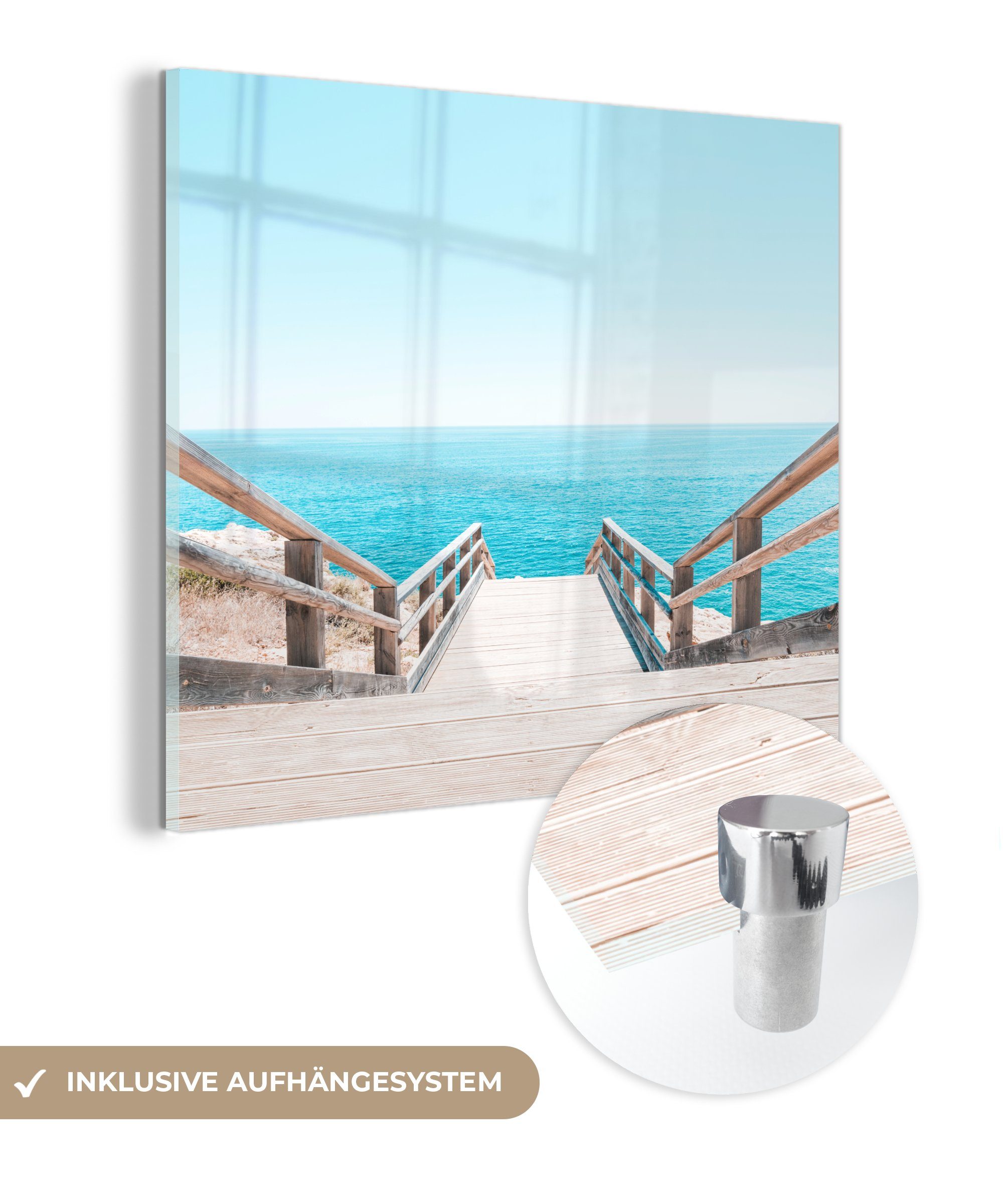 MuchoWow Acrylglasbild Meer Glas - Foto (1 - - Treppe - - Wandbild auf Glasbilder Portugal, Wanddekoration auf St), Bilder Glas