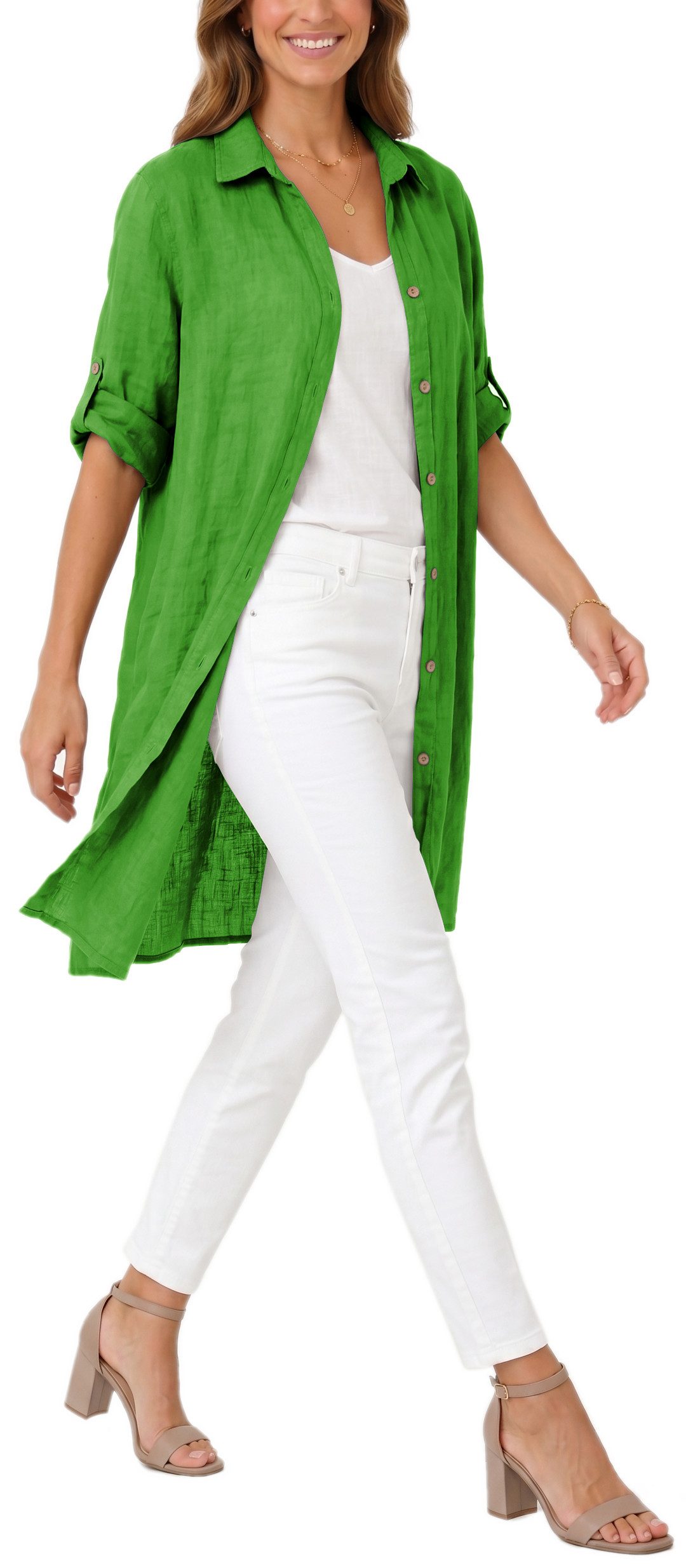 dy_mode Longbluse Damen Leinen Longbluse Sommer Hemdbluse Blusenkleid Luftige Tunika in Unifarbe, mit Knopfleiste