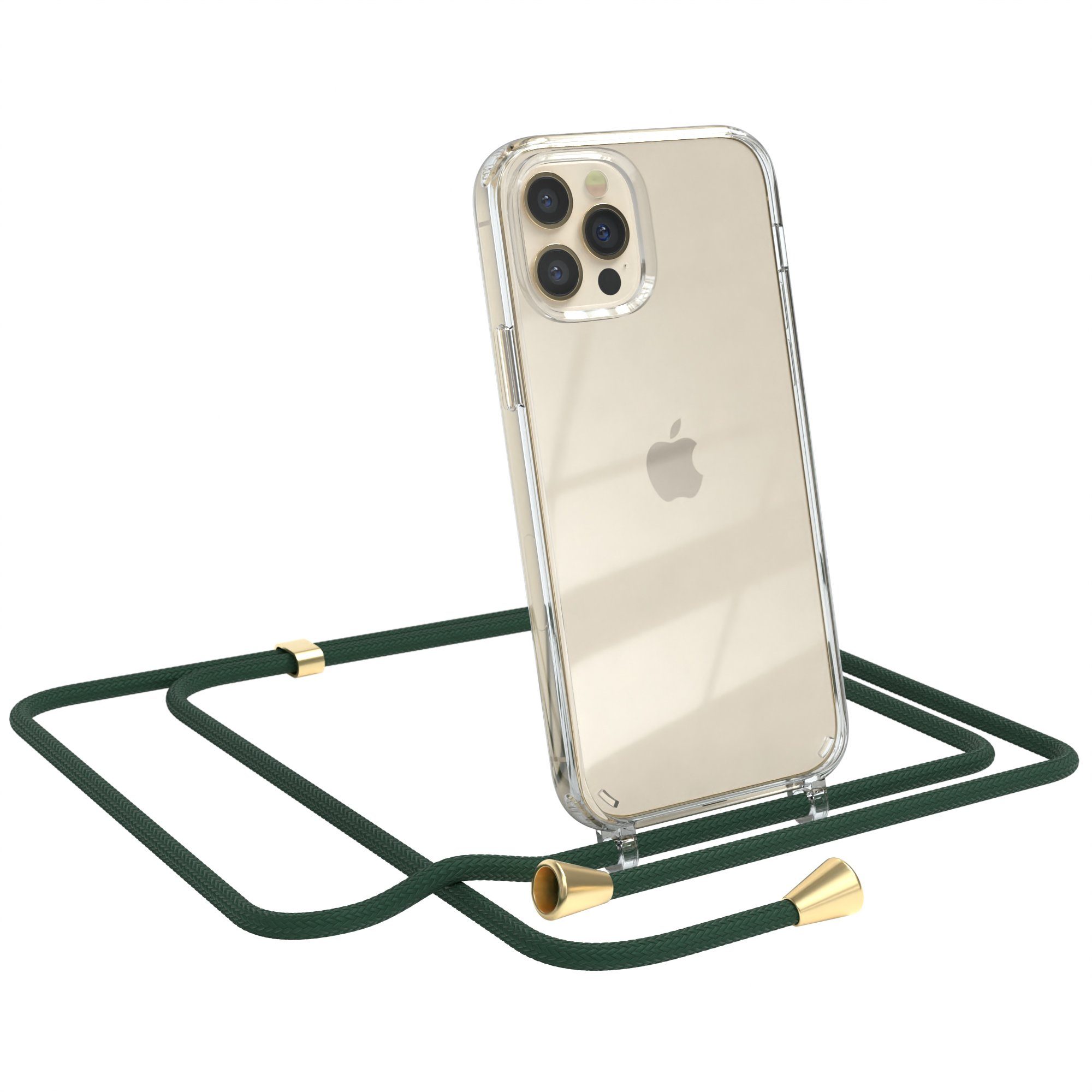 EAZY CASE Handykette Hülle mit Kette für Apple iPhone 12 / 12 Pro 6,1 Zoll,  Kettenhülle zum Umhängen Tasche Handykordel Slimcover Grün Clips Gold