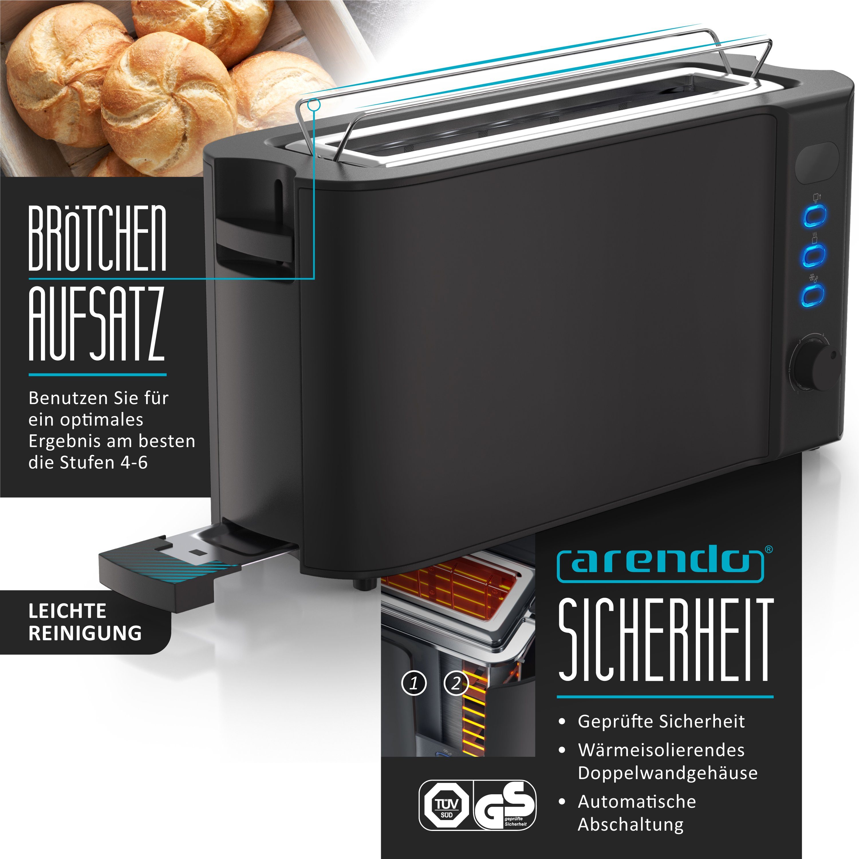 Arendo Frühstücks-Set Edelstahl Wasserkocher 1,7l, 2-Scheiben Langschlitz Toaster, schwarz (2-tlg), Vintage Wasserkocher Temperatureinstellung, Toaster Brötchen – Bild 5 von 5