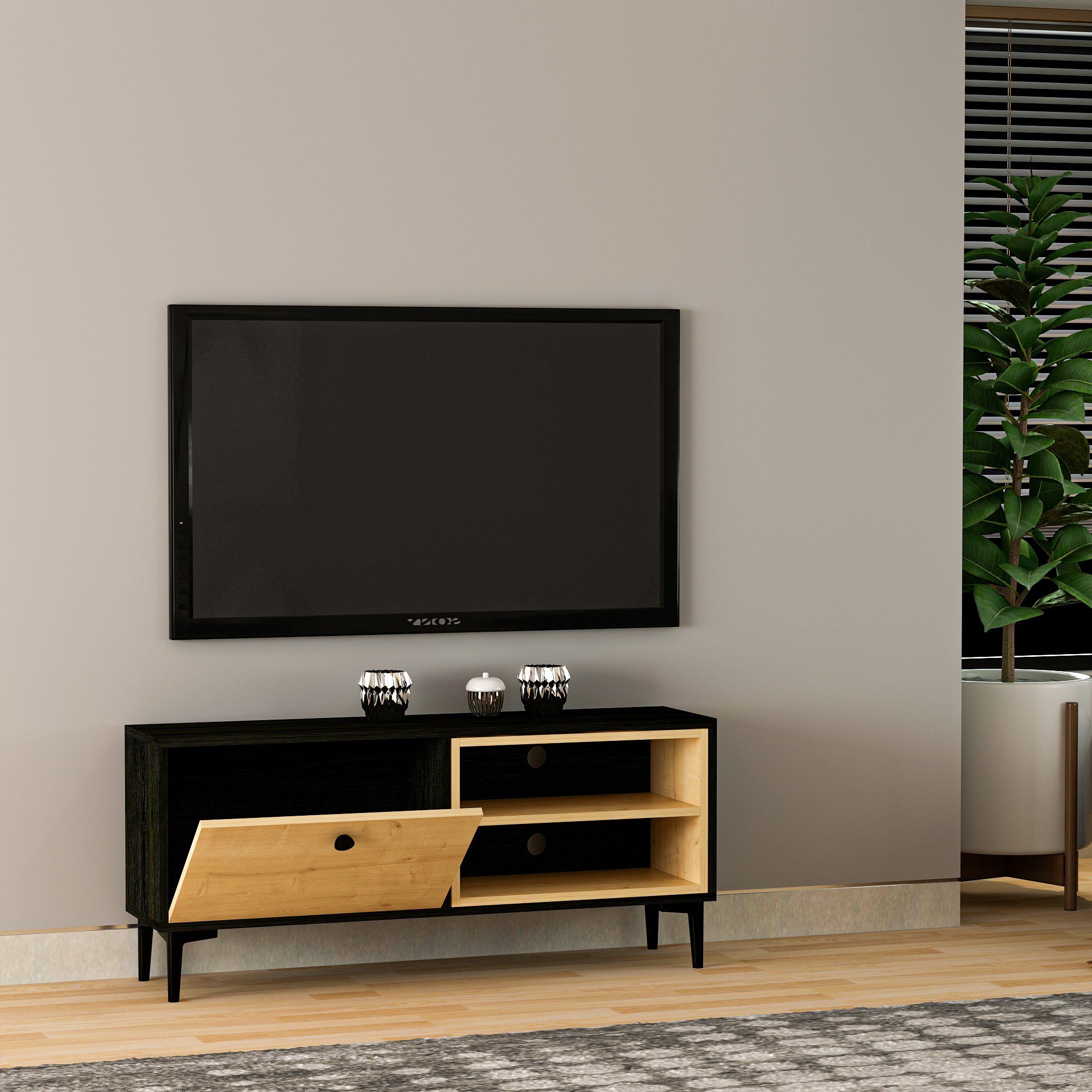 moebel17 TV-Regal TV Lowboard Alto Safir Schwarz Holzoptik 9642, Pflegeleichte Oberfläche