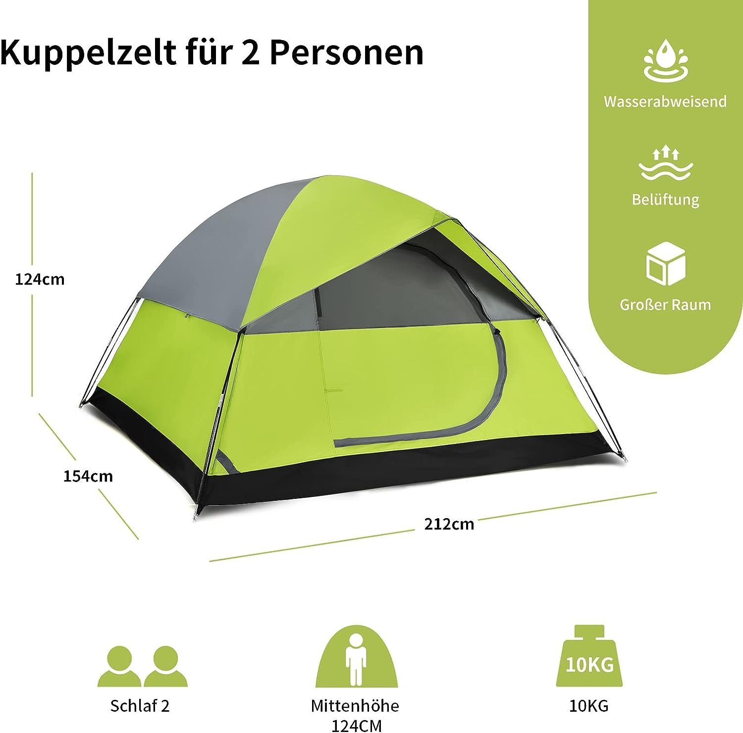 KOMFOTTEU & Campingzelt, Kuppelzelt Zelt Bodennägeln wasserdichtes 2, Personen: mit Seilen