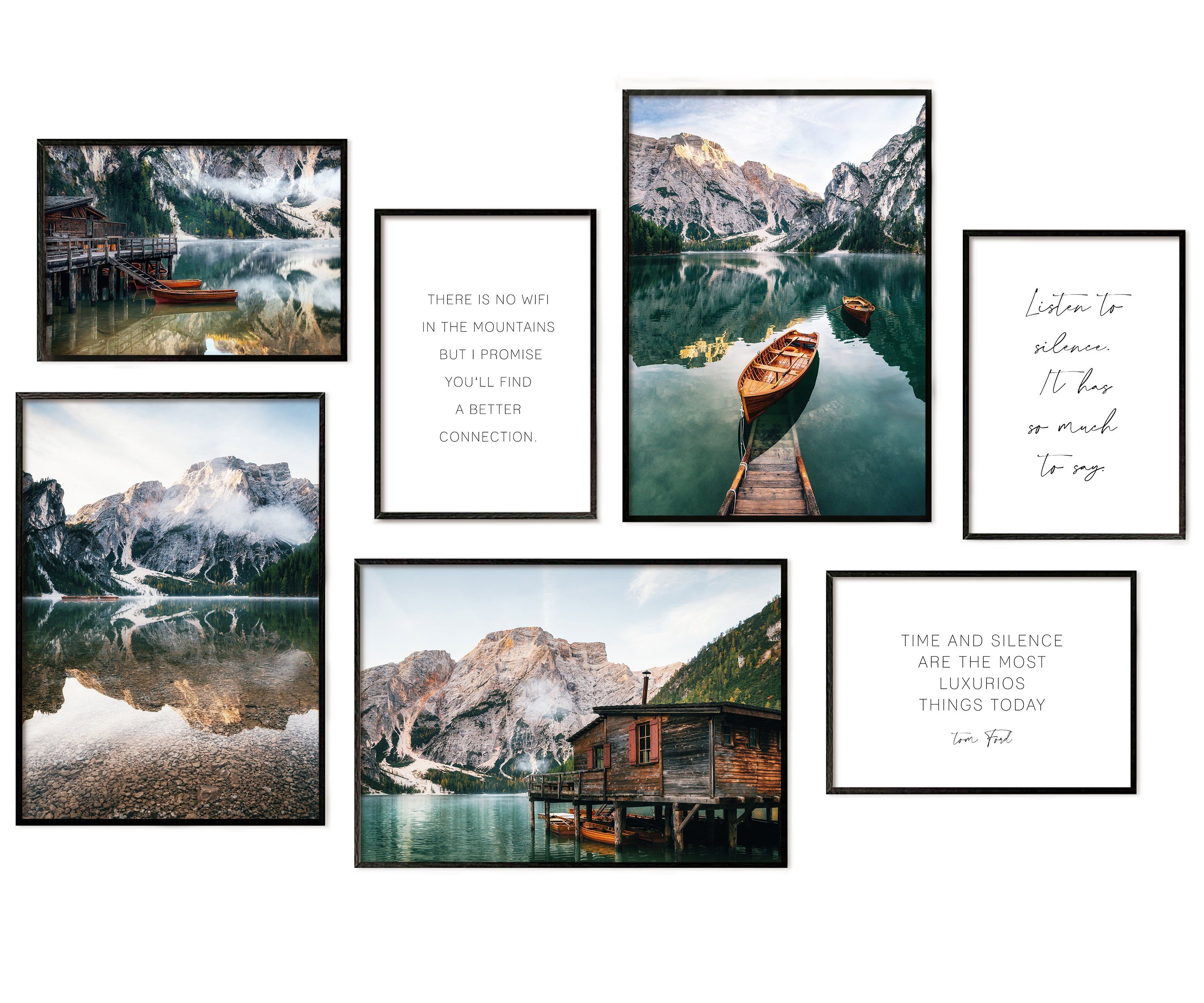 Hyggelig Home Poster Berge & See - Premium Poster Set OHNE & MIT Rahmen - 7 Wandbilder, Natur (Set, 7 St), Collage Landschaft, Qualitätsdruck dickes Papier