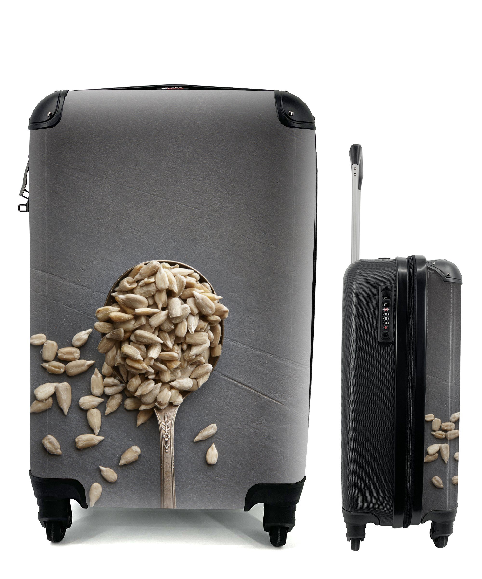 MuchoWow Handgepäckkoffer Weiße Sonnenblumenkerne auf einer grauen Oberfläche, 4 Rollen, Reisetasche mit rollen, Handgepäck für Ferien, Trolley, Reisekoffer
