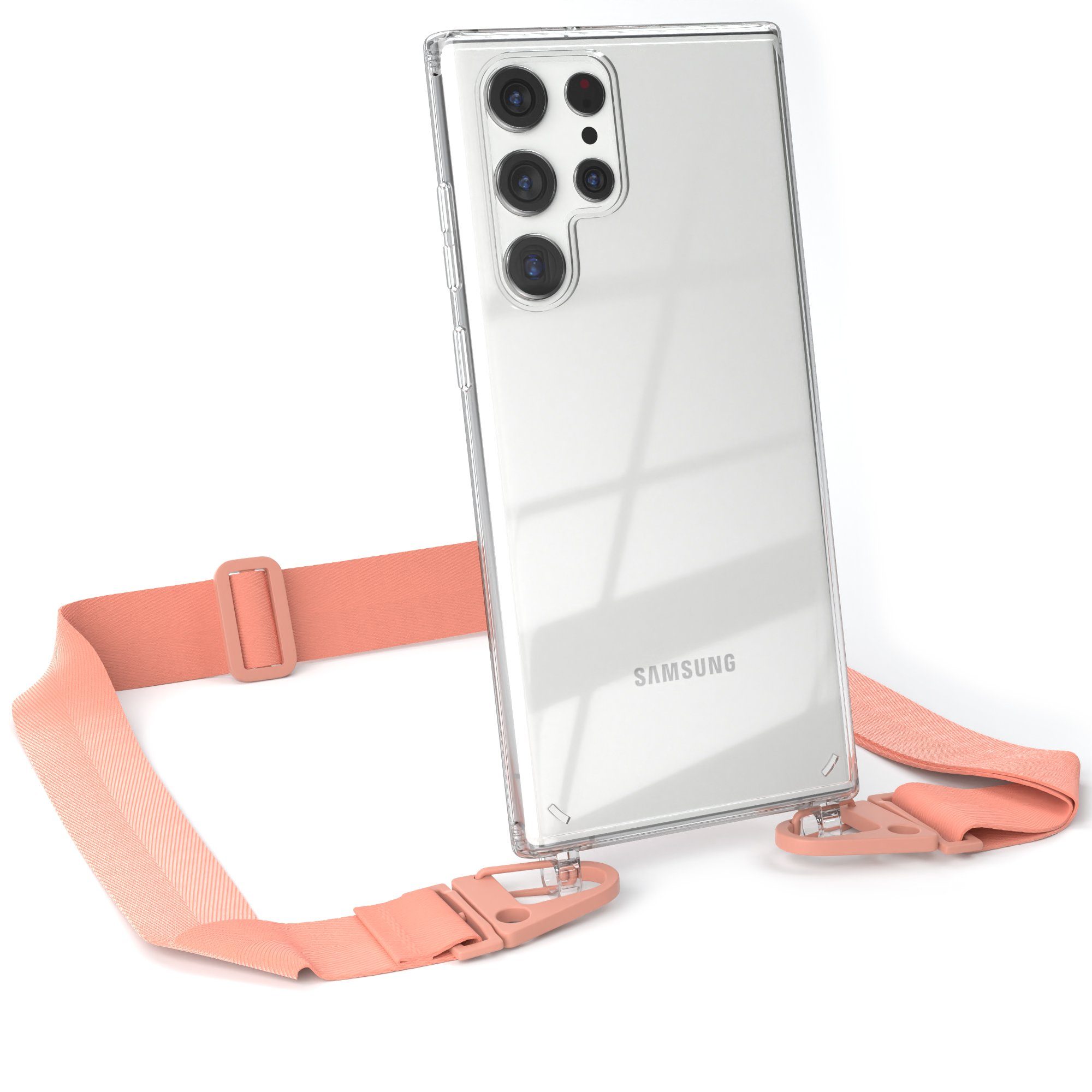 EAZY CASE Handykette Silikon Kette Karabiner für Galaxy S22 Ultra 5G 6,8 Zoll, Silicon Handyhülle mit breiter Kette Carabiner Necklace Altrosa Coral