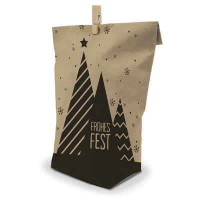 itenga Geschenkpapier 24x itenga Geschenktüte Frohes Fest 17x26cm braun schwarz mit Klammern