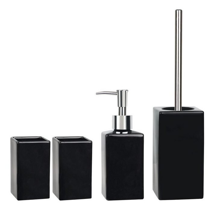 spirella Badaccessoires-Sets QUADRO Zubehör-Set aus hochwertiger Keramik schwarz elegante Glanz-Optik 4 tlg. bestehend aus: WC-Bürste Seifenspender 2x Zahnputzbecher