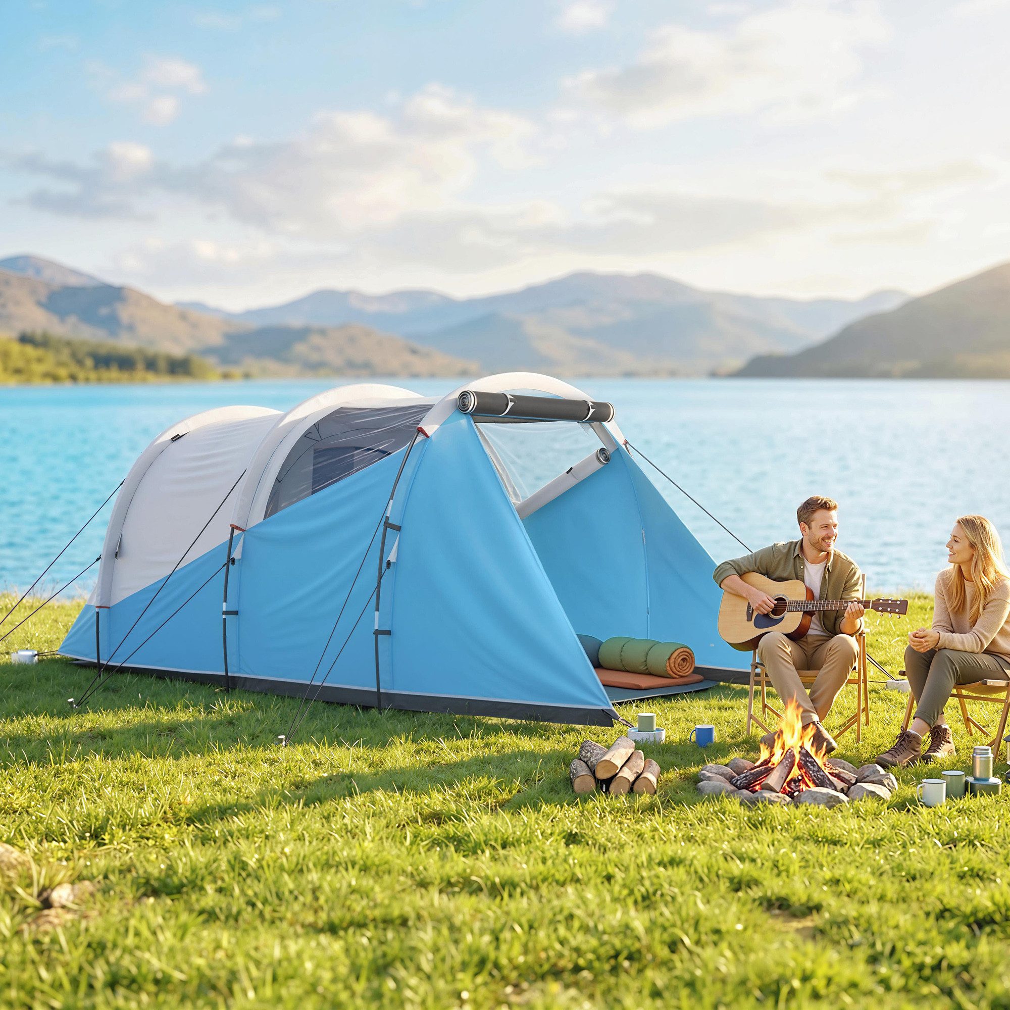 ibettertec Kuppelzelt Campingzelt für 3 Personen, separate Wohn- & Schlafräume, (460x260x190 cm, Blau, wasserdicht, mit Lampenhalter)