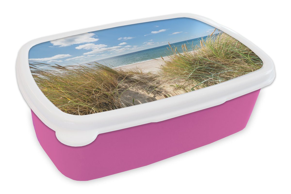 MuchoWow Lunchbox Düne - Gras - Meer - Strand, Kunststoff, (2-tlg), Brotbox für Erwachsene, Brotdose Kinder, Snackbox, Mädchen, Kunststoff rosa