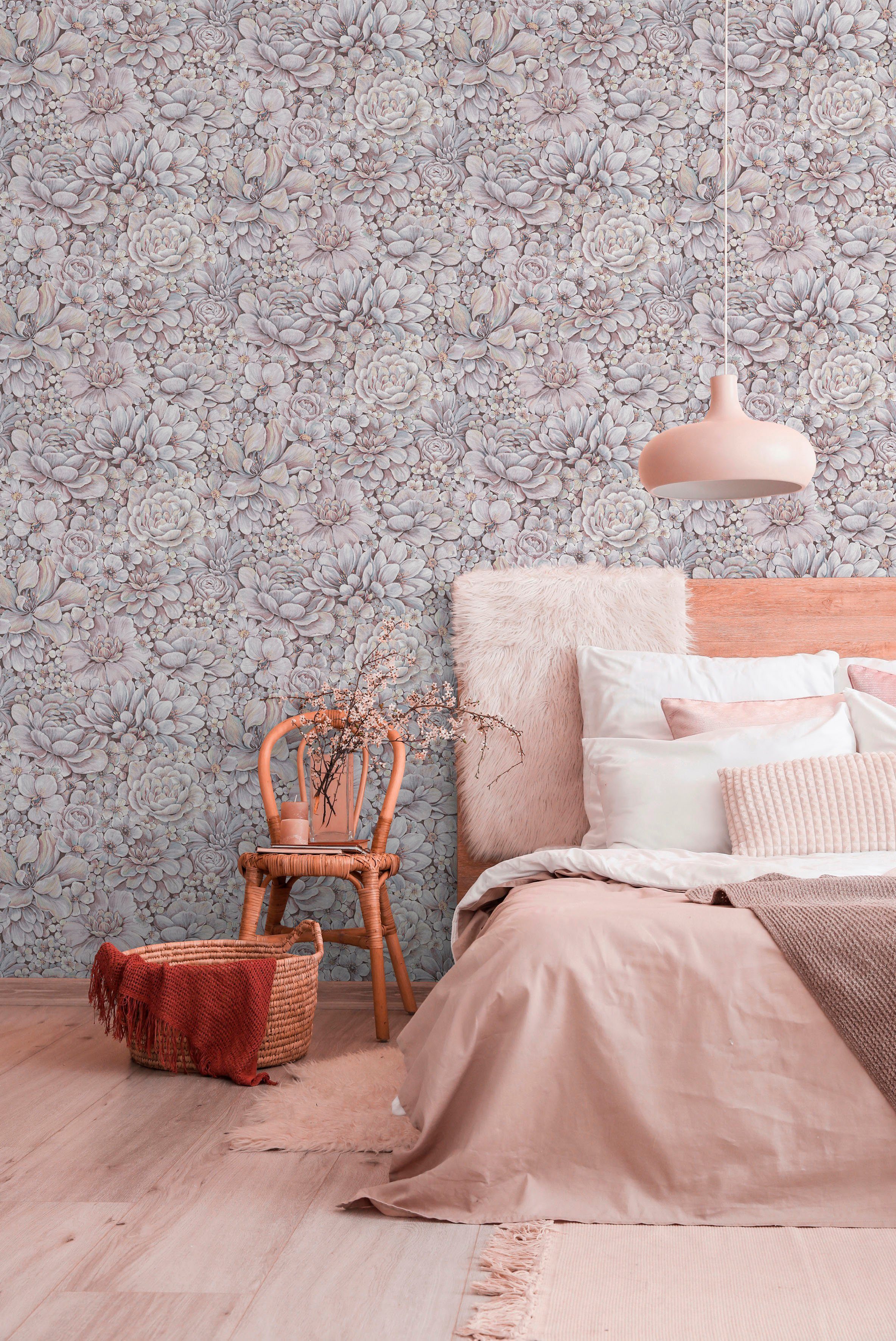 für Schlafzimmer geprägt, Blattmotiv Flower, Vliestapete Wohnzimmer Küche rosa moderne Marburg matt, Vliestapete