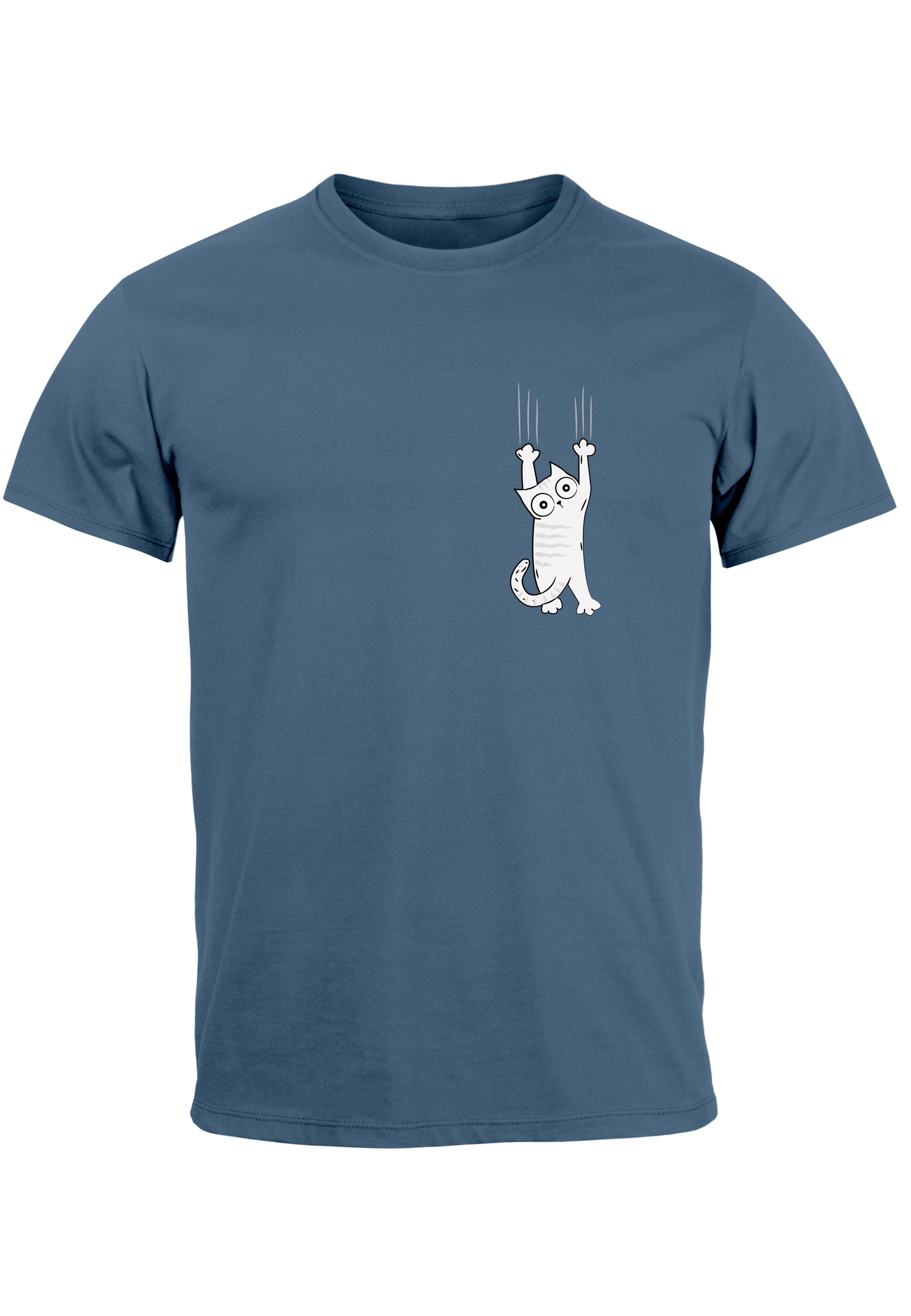 Neverless Print-Shirt Herren T-Shirt Aufdruck Katze Cat Logo lustig Kapuzen-Pullover Männer mit Print denim blue | T-Shirts