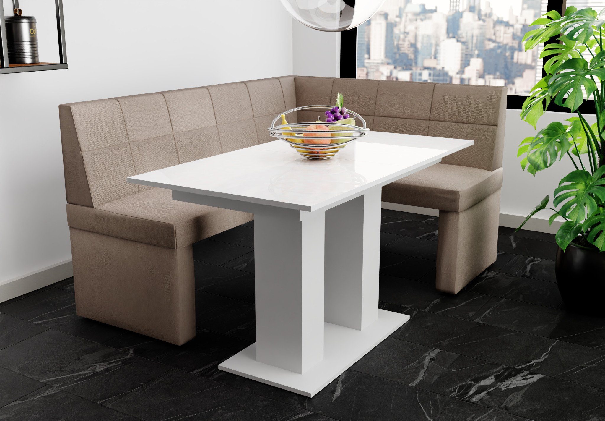 Fun Möbel Eckbankgruppe Eckbankgruppe „BLAKE XL“ Größe 196x142cm mit Tisch Weiß Hochglanz, ausziehbarer Tisch