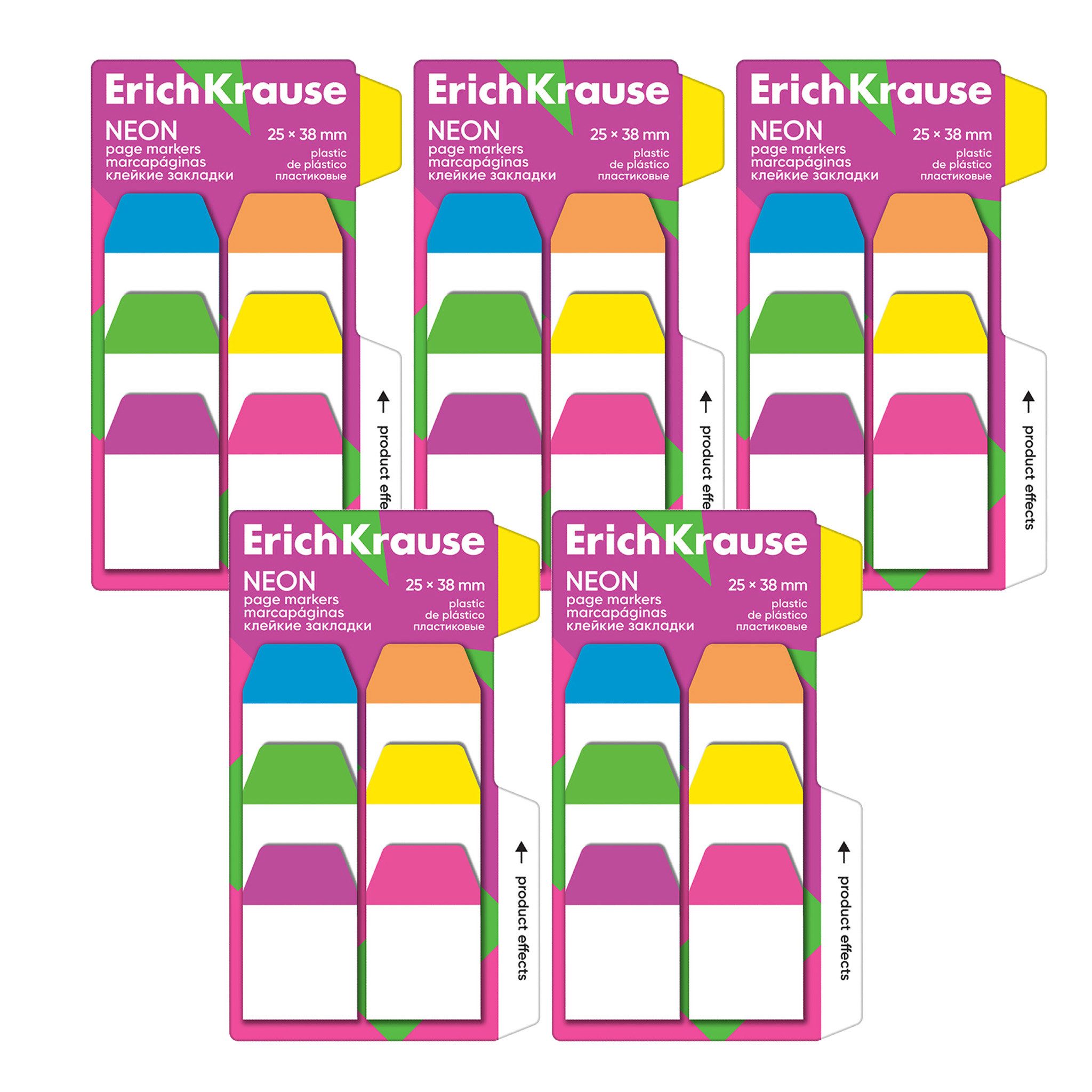 Erich Krause Haftnotizblock, Seitenmarker 25mm Neon Plastik beschriftbar 5 Pack je 60 Blatt