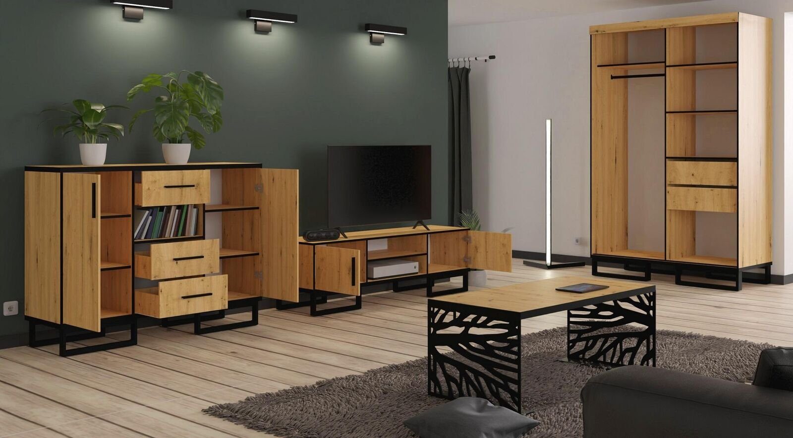 JVmoebel Wohnzimmer-Set, Wohnwände Kommoden Schrank Tisch neu 4tlg Wohnzimmer Set Vitrine Kommode