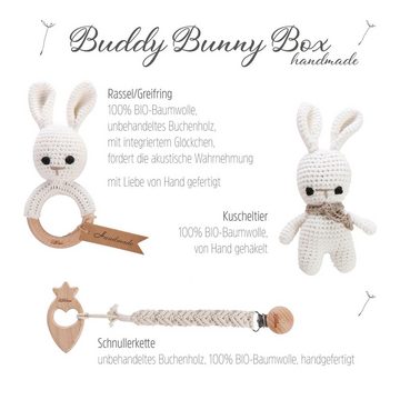 Lililove Geschenkset Neugeborenen-Geschenkset Buddy Bunny Giftset, white, 3-teilig (Geschenkset, Rassel set, Giftset, Geburtsgeschenkset, Geschenkset Baby, New born Erstsusstattung) Geschenkset 3-teilig, Bio-Baumwolle, nachhaltig, von Hand gehäkelt