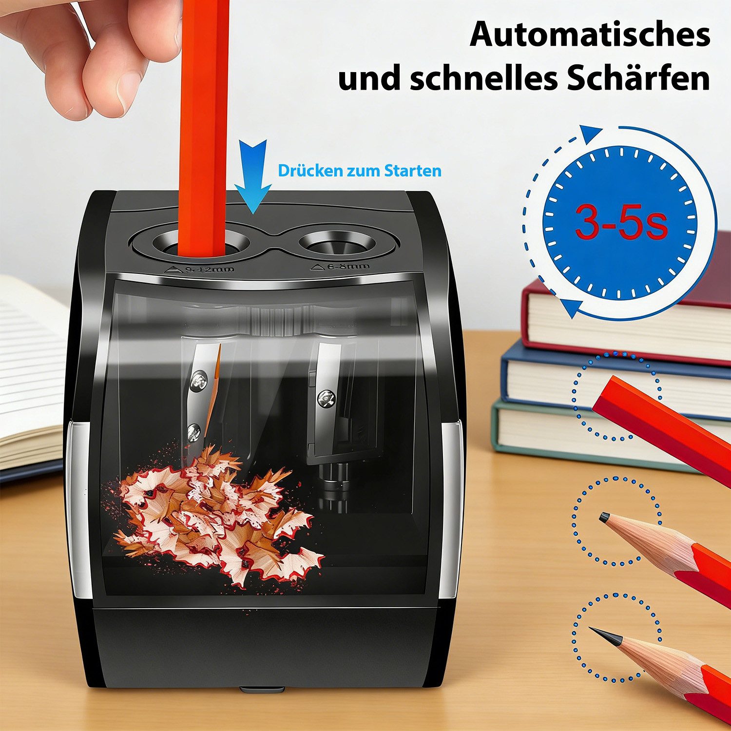 AKKEE Anspitzer Elektrischer Anspitzer 6–8 mm/9–12 mm mit großem, Auffangbehälter
