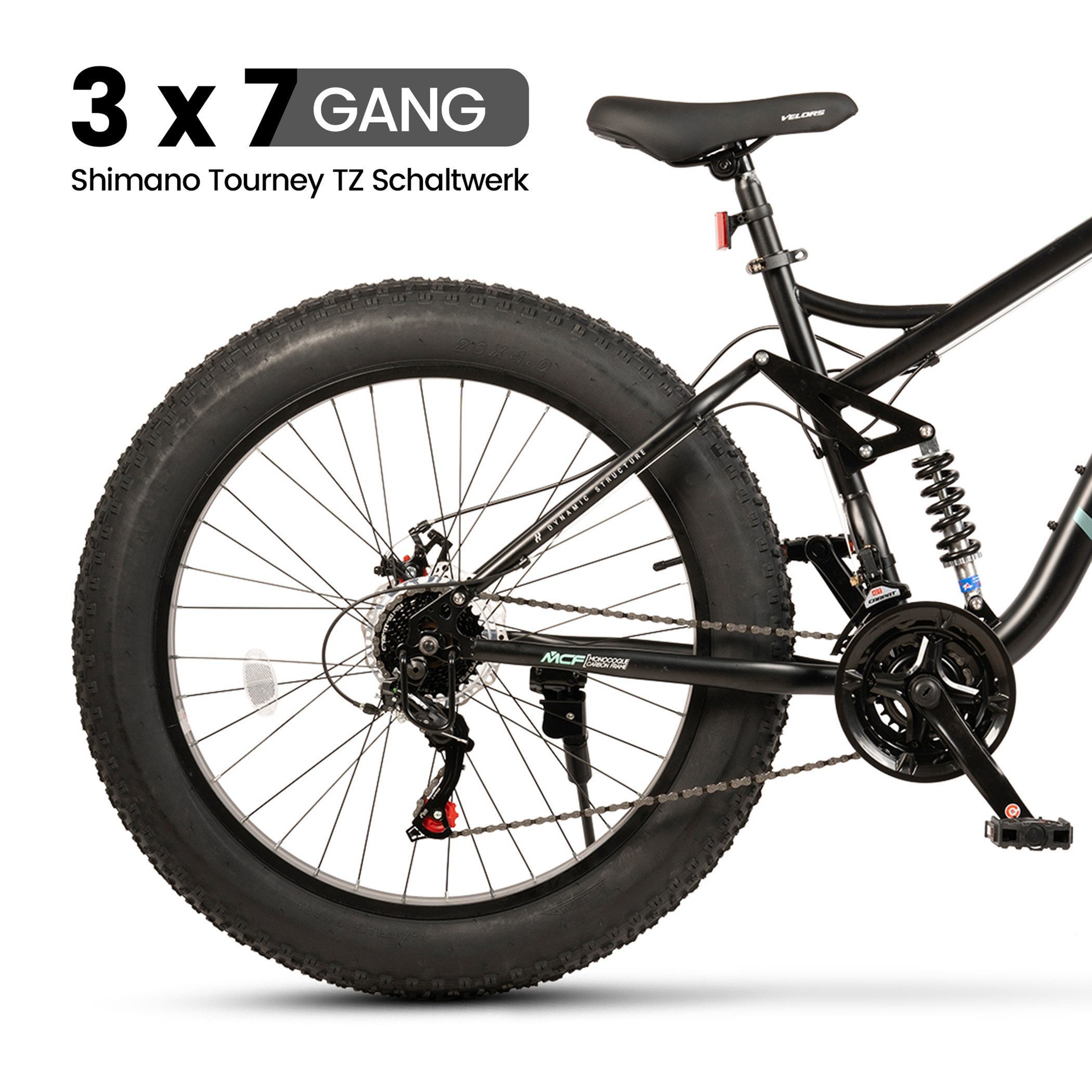 Velors Fatbike 26 Zoll Fat Tire 4.0 MTB für Herren Damen und Jungen, 21 Gang Shimano Tourney Schaltwerk, Kettenschaltung, mechanische Scheibenbremse, Fat Bike Mountainbike