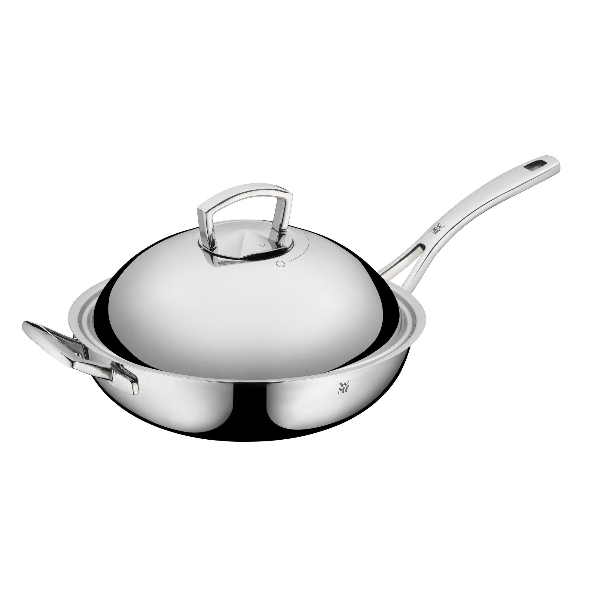 WMF Wok Multiply Wok mit Edelstahldeckel, 32 cm, 3-Schicht-Material: Innenseite Cromargan® Edelstahl rostfrei 18/10, im Kern Aluminium, Außenseite Chromstahl (1x Wokpfanne 32 cm - optimal für Herdplatten mit Ø 22 cm, 1x Metalldeckel mit stufenlos einstellbarem Wrasenabzug, 1-tlg., 1x Wokpfanne 32 cm, 1x Metalldeckel)