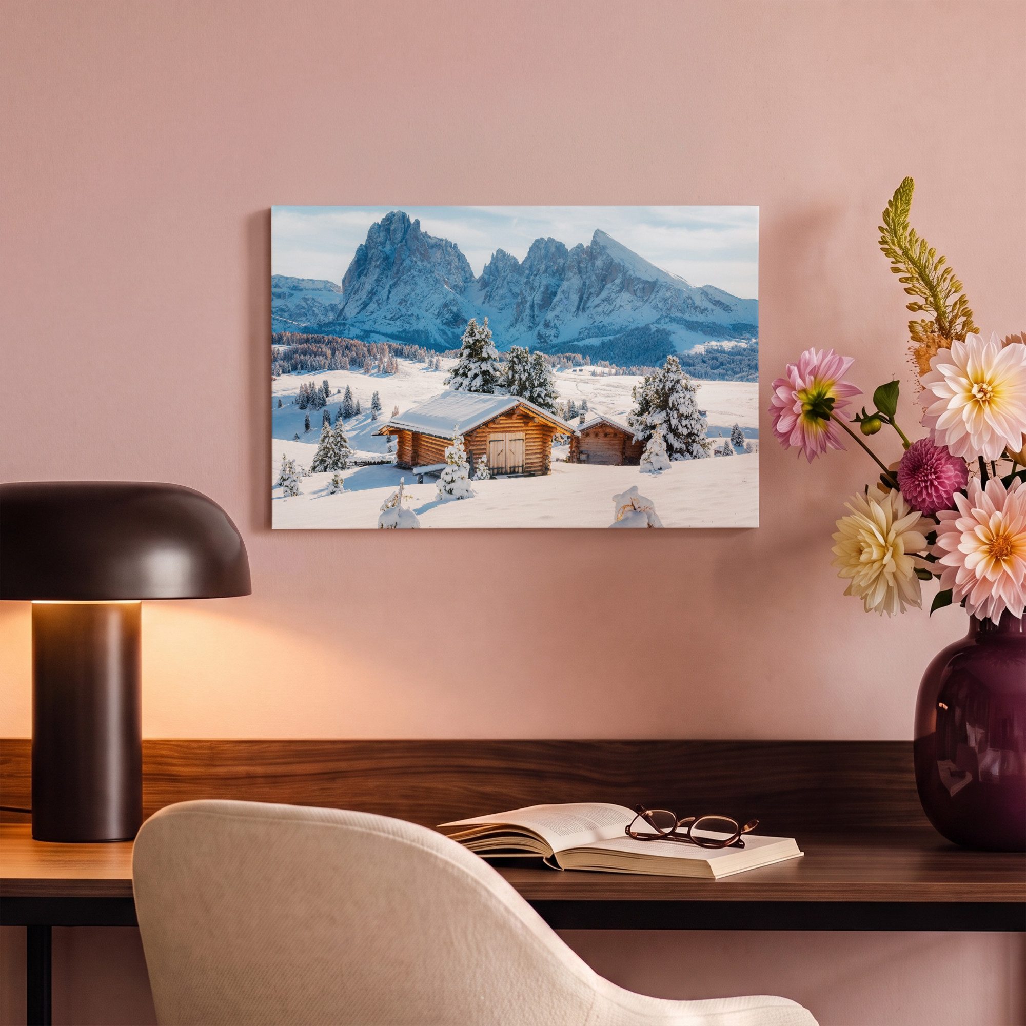 OneMillionCanvasses® Leinwandbild Winter - Hütte - Berge - Aussicht - Schnee, Fotodruck (1 St), Wandbild, Deko Schlafzimmer Wohnzimmer Flur 20x20 cm – Bild 4 von 5