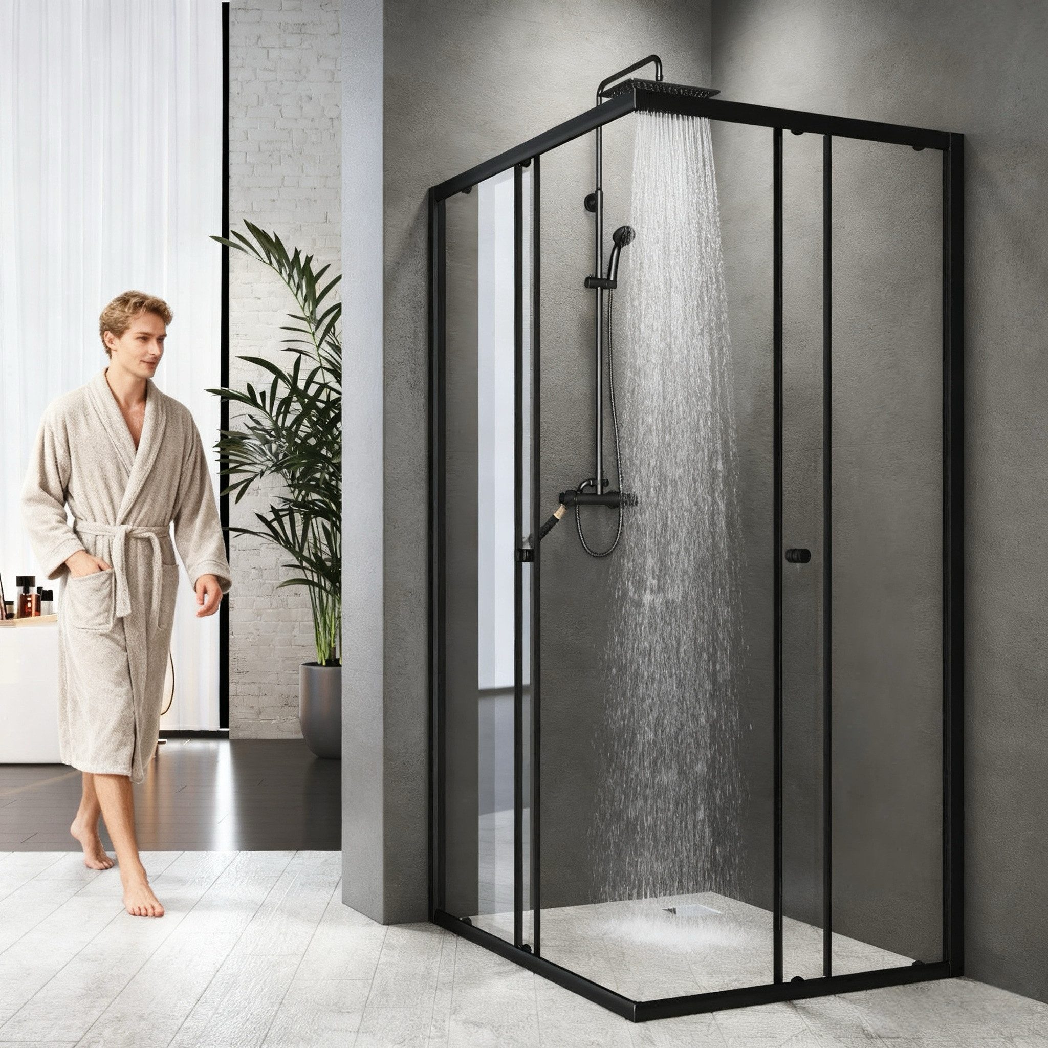 Boromal Eckdusche Duschkabine Schwarz 90x90 75x75 90x75 H:185 Eckeinstieg mit schiebetür, BxT: 90x75 cm, 5mm ESG, Duschwand Duschtür für Dusche, 100x100, 100x90cm, Aluminiumrahmen, Aluminiumprofile, Magnetdichtleisten