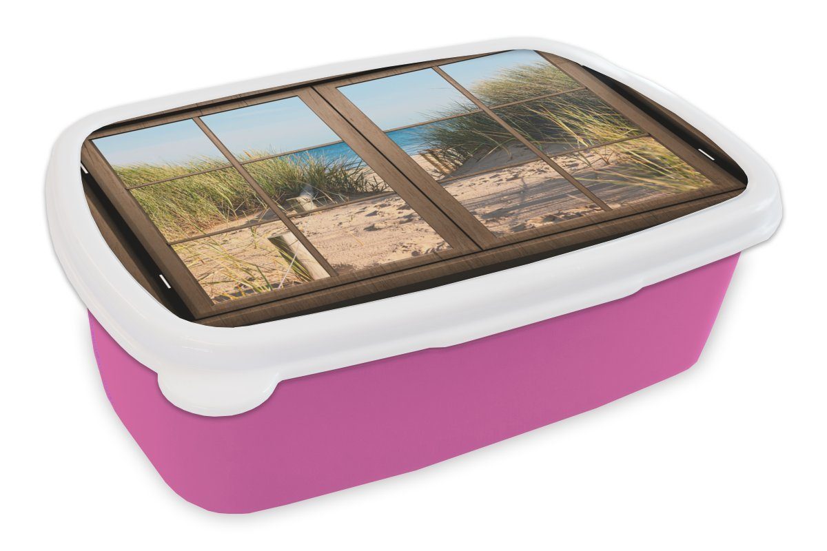 MuchoWow Lunchbox Aussicht - Strand - Gras, Kunststoff, (2-tlg), Brotbox für Erwachsene, Brotdose Kinder, Snackbox, Mädchen, Kunststoff rosa