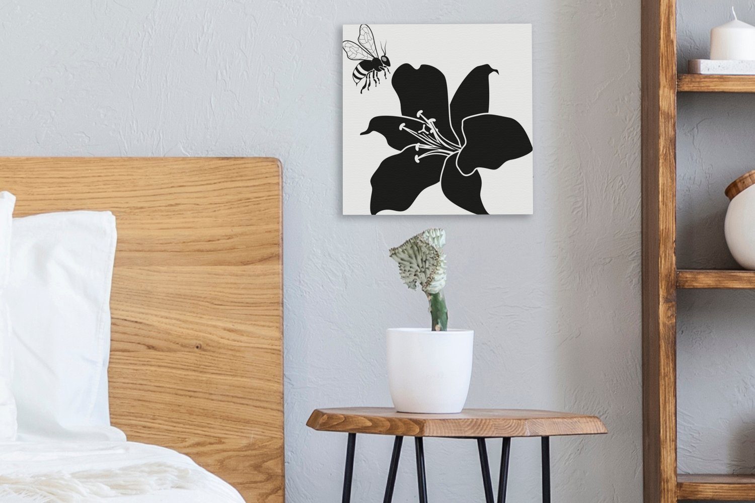 OneMillionCanvasses® Leinwandbild (1 Eine mit Illustration Schlafzimmer einer Wohnzimmer Leinwand Bilder Biene Lilie, schwarz-weiße St), einer für