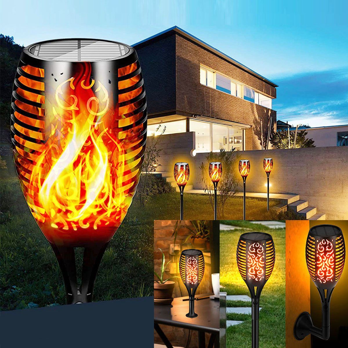 LETGOSPT LED Solarleuchte 4 x Solar Garten Flammen Fackeln Solarleuchte