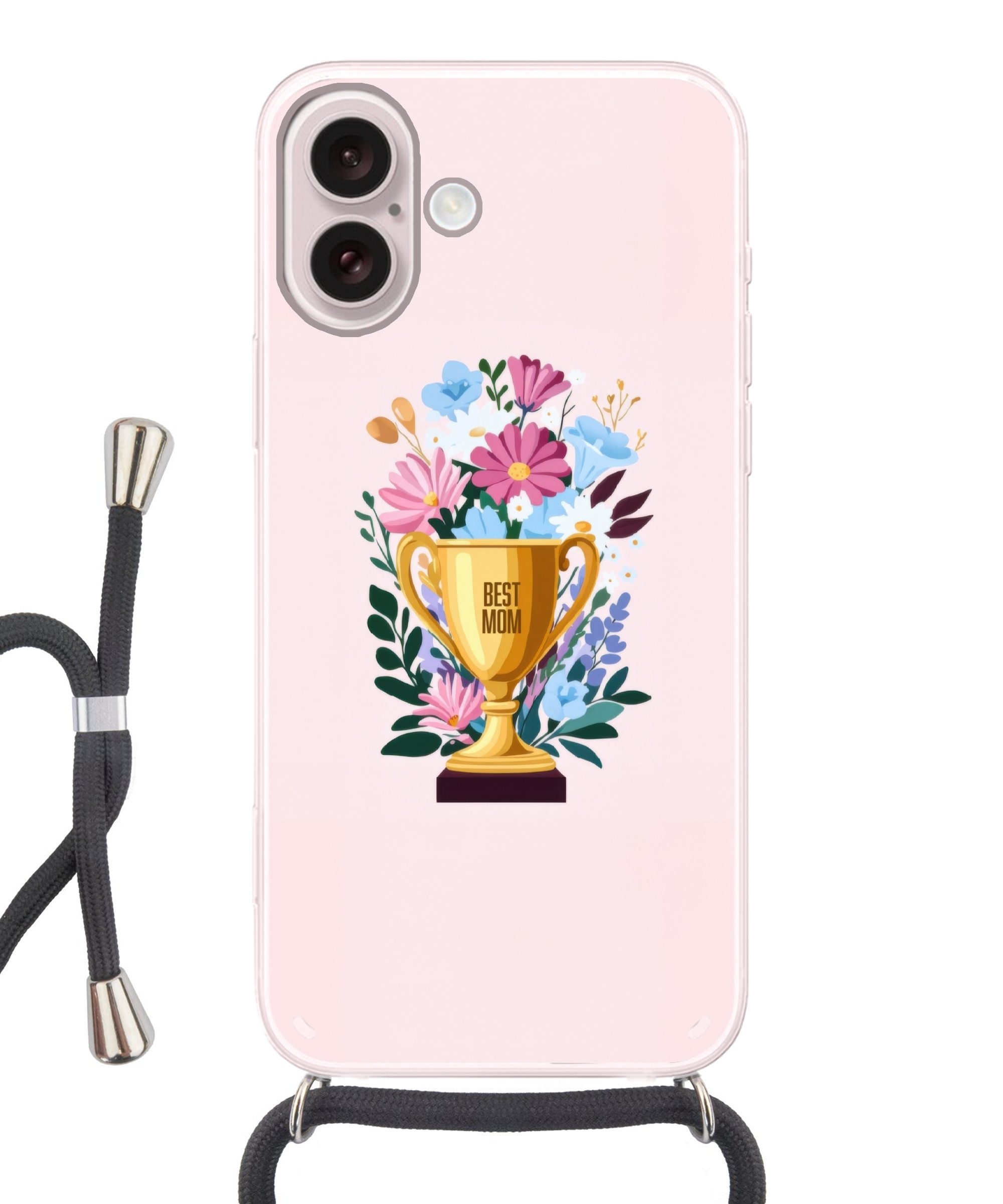 MuchoWow Handyhülle für Apple iPhone 16 Trophäe - Beste Mutter - Blumen - Bunt, Tragbare Handyhüllen mit Kette zum umhängen, Handykette Handyband