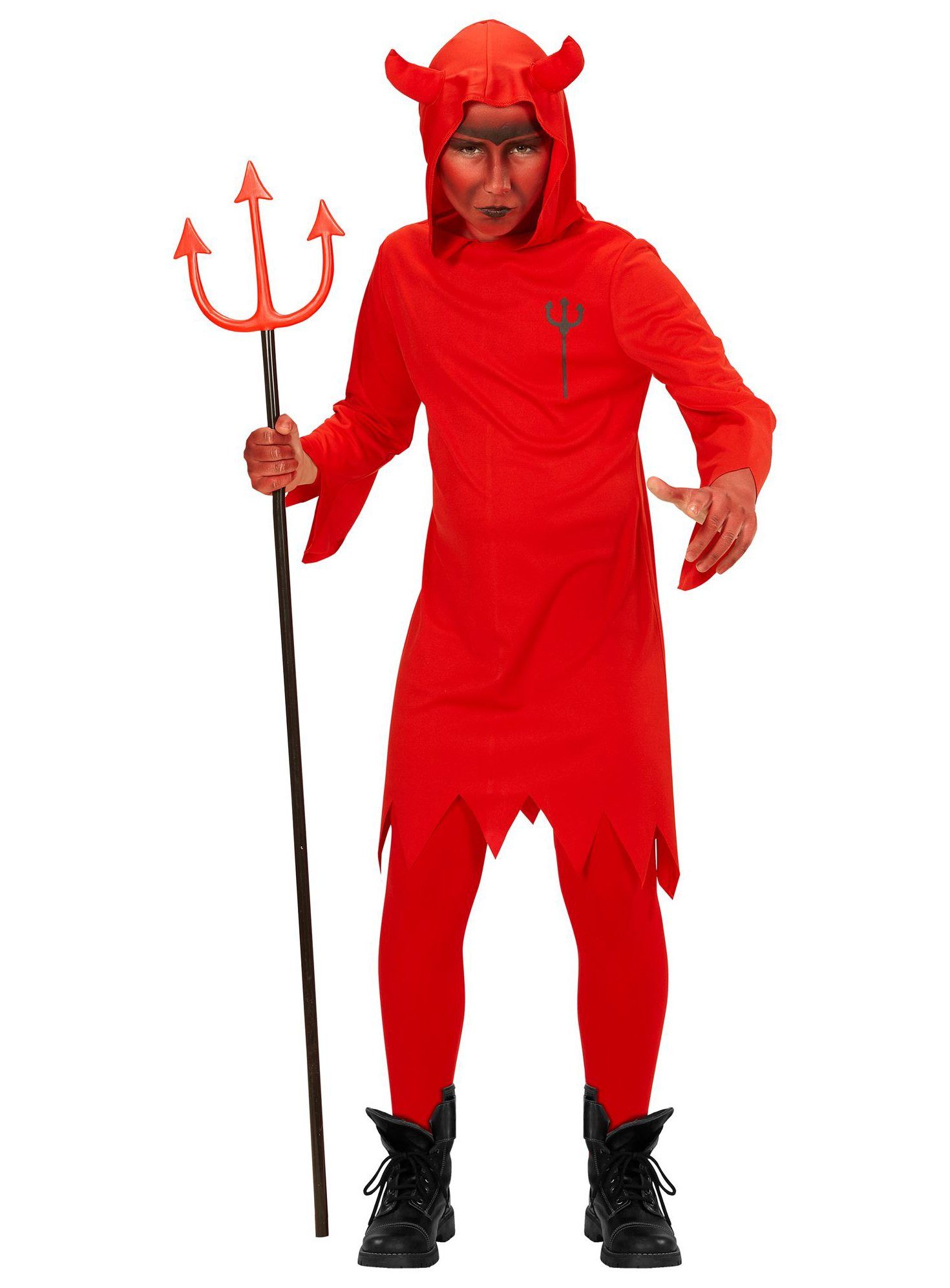 Metamorph Teufel-Kostüm Evil Devil Teufelskostüm für Kinder, Feuriges Teufelskostüm mit Zackenkragen, Hörnern und Dreizack für K