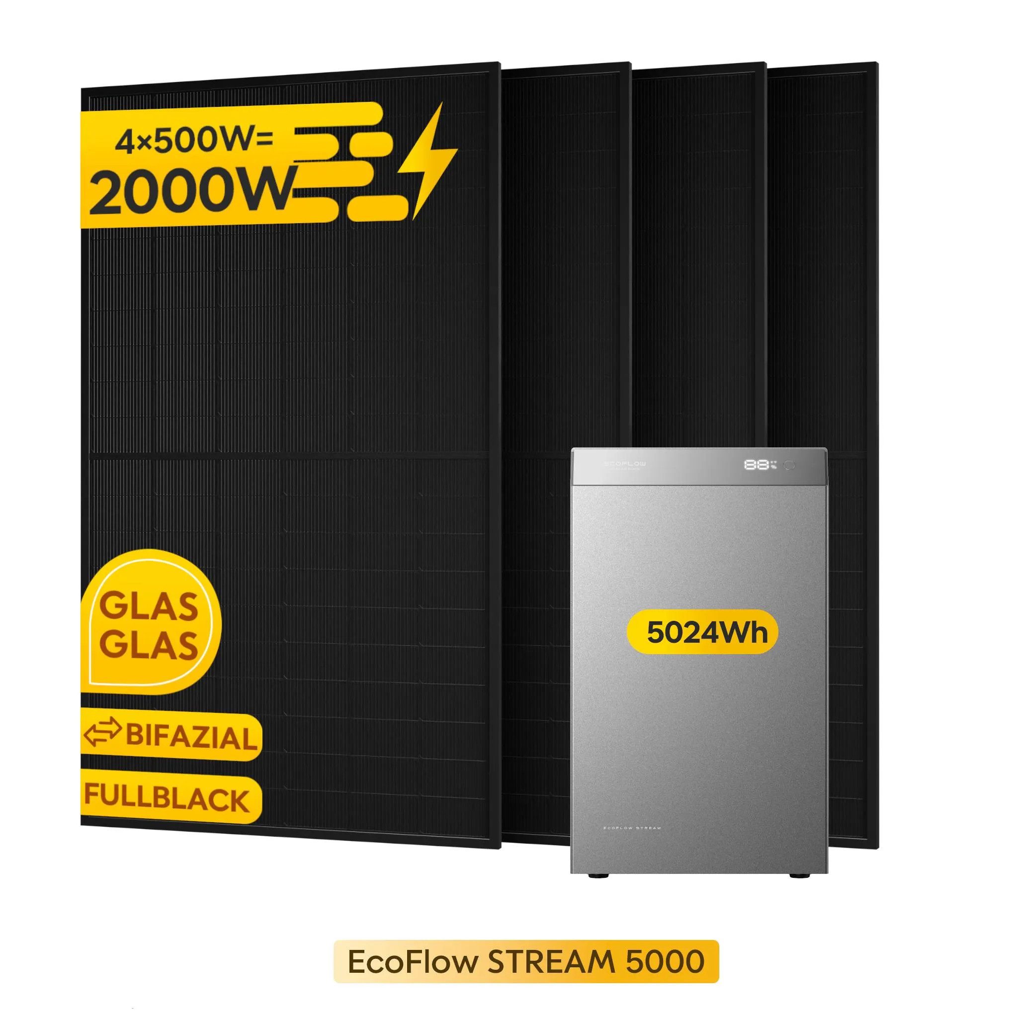 Ecoflow Balkonkraftwerk EcoFlow STREAM 5000 Speicher mit 2.000 Wp Solarmodule, (5.024 Wh Speicher), Smart Meter & Halterung (Optional)