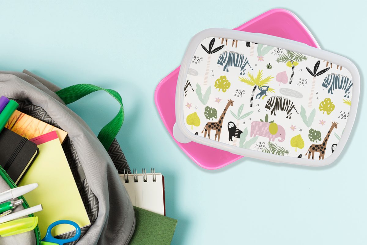 Snackbox, Erwachsene, (2-tlg), Kunststoff - Palme Lunchbox Pastell, MuchoWow rosa Brotbox Kunststoff, - Dschungel Kinder, Tiere für - Mädchen, Brotdose