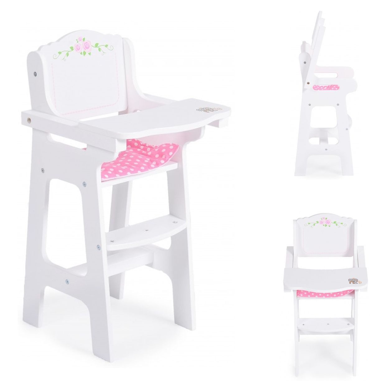 Moni Puppenhochstuhl B012, 46 cm hoch, Polster, Fußstütze, klappbarer Tisch, ab 3 Jahren