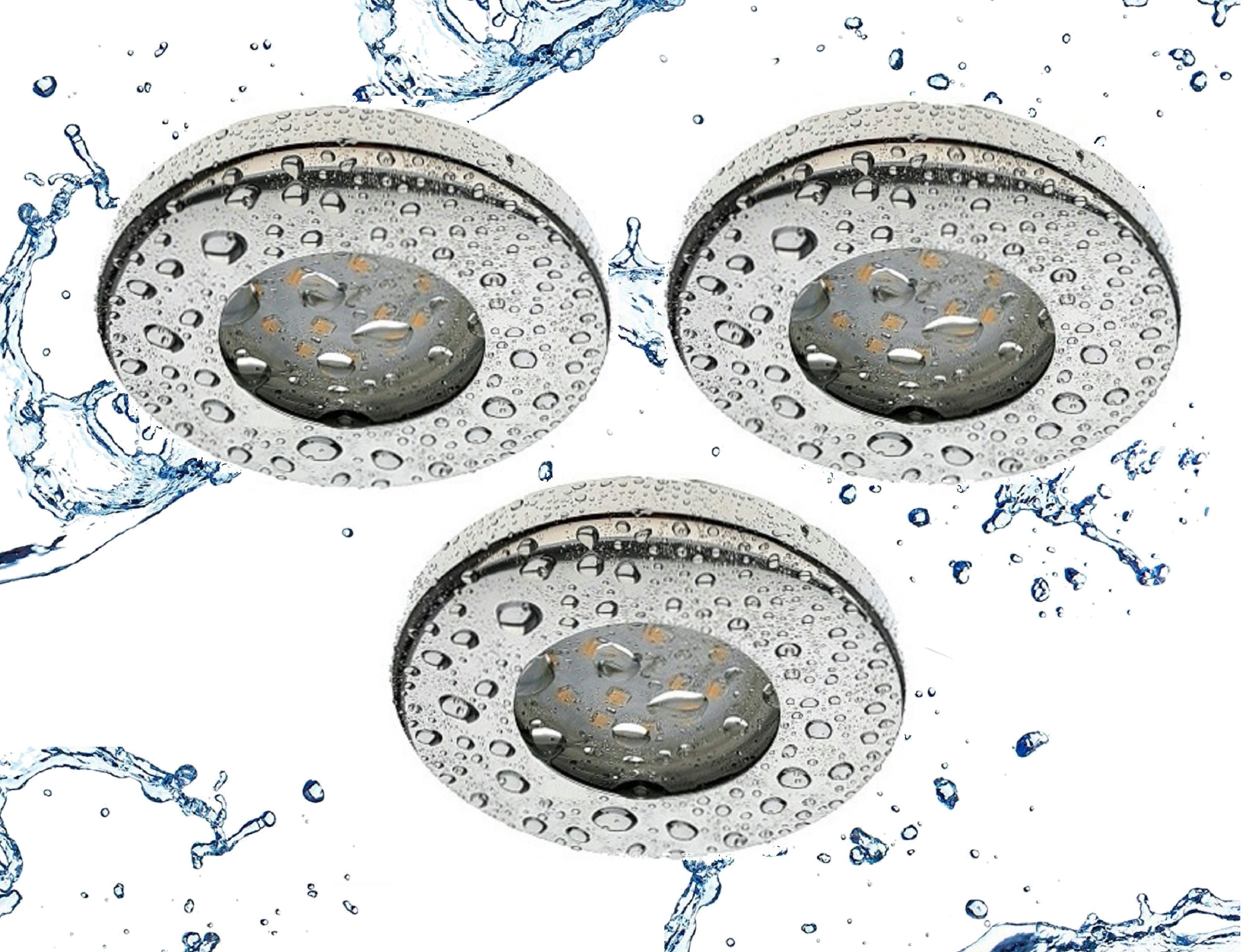TRANGO LED Einbauleuchte, 3er Set 6729IP65-038MO IP65 LED Einbaustrahler aus Edelstahl poliert inkl. 3x 5 Watt 3000K warmweiß Ultra Flach LED Modul für Bad, Dusche, Einbauspots, Deckenstrahler, Deckenlampe Badleuchte