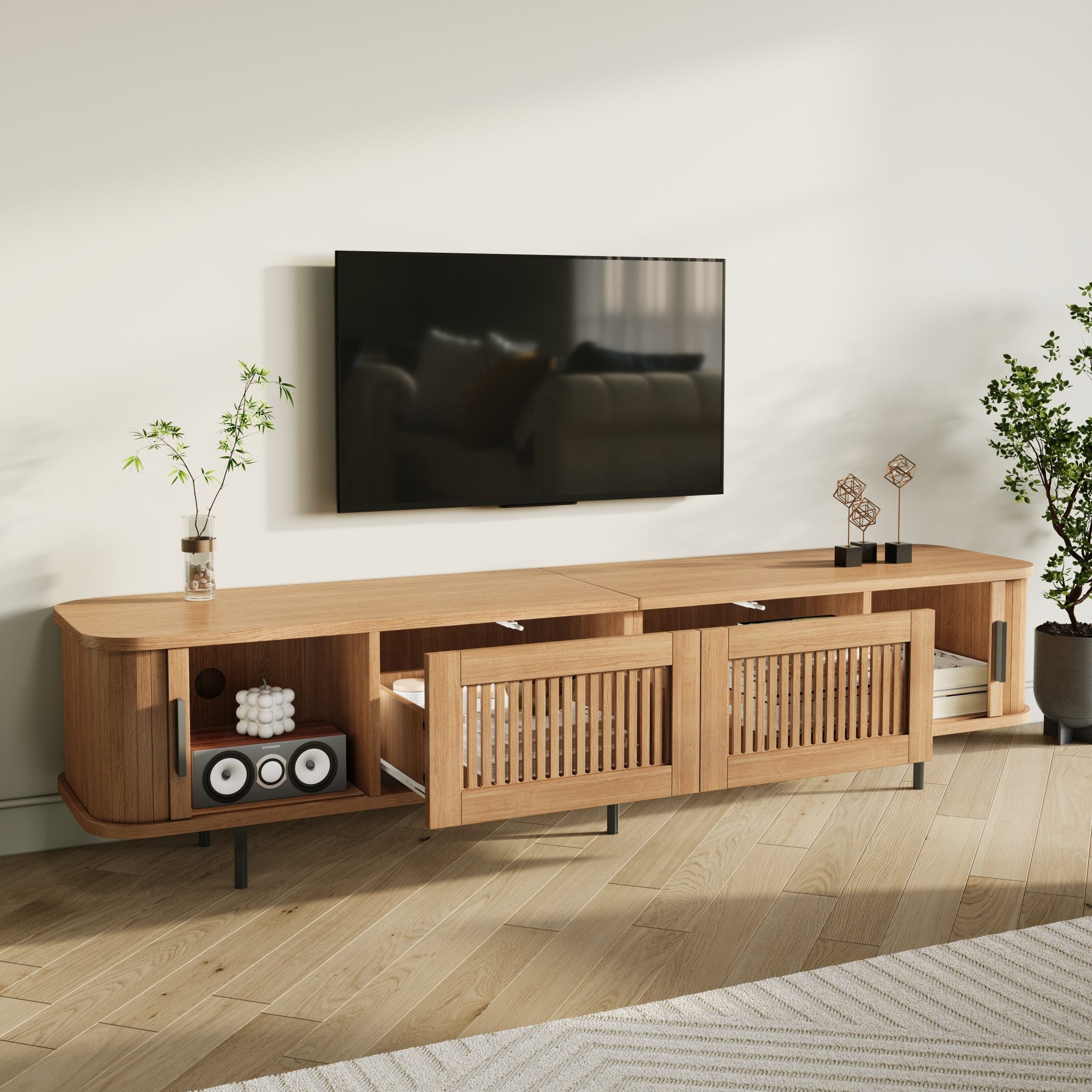BlingBin TV-Schrank Lowboard Fernsehschrank Kommode mit LED und Stauraum (2 Packung, 1-St., 2 Schubladen, 2 seitliche Schiebetüren,Lamellenfront und Metallfüßen) 50 kg Belastbarkeit,Landhausstil Sideboard für Wohnzimmer,Schlafzimmer