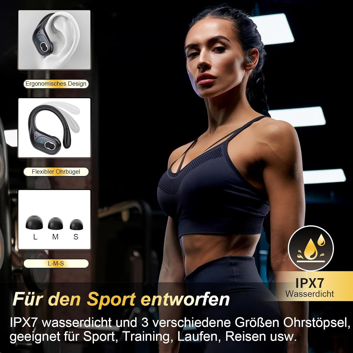 SpionProfi In Ear Kopfhörer Bluetooth Kabellos Sport Ohrbügel Wireless Headset Headset (Kompatibel mit jedes Bluetooth Gerät für Iphone Samsung uvm)