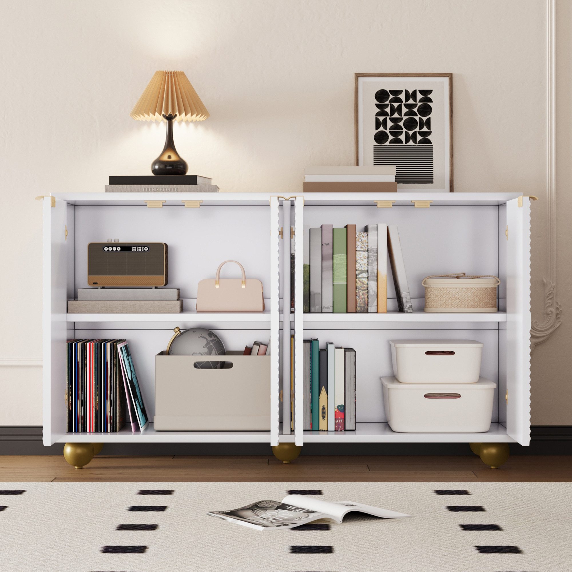 KLAM HOME Sideboard Sideboard mit 4 gravierten Türen, Vintage Kommode (Verstellbare Innenböden, goldene Metallgriffe & kugelförmige Beine), Stauraummöbel für Wohnzimmer, Esszimmer & Flur